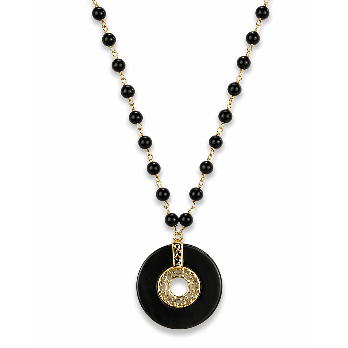 14k Black Onyx Link With Gold Openwork Round Pendant Necklace