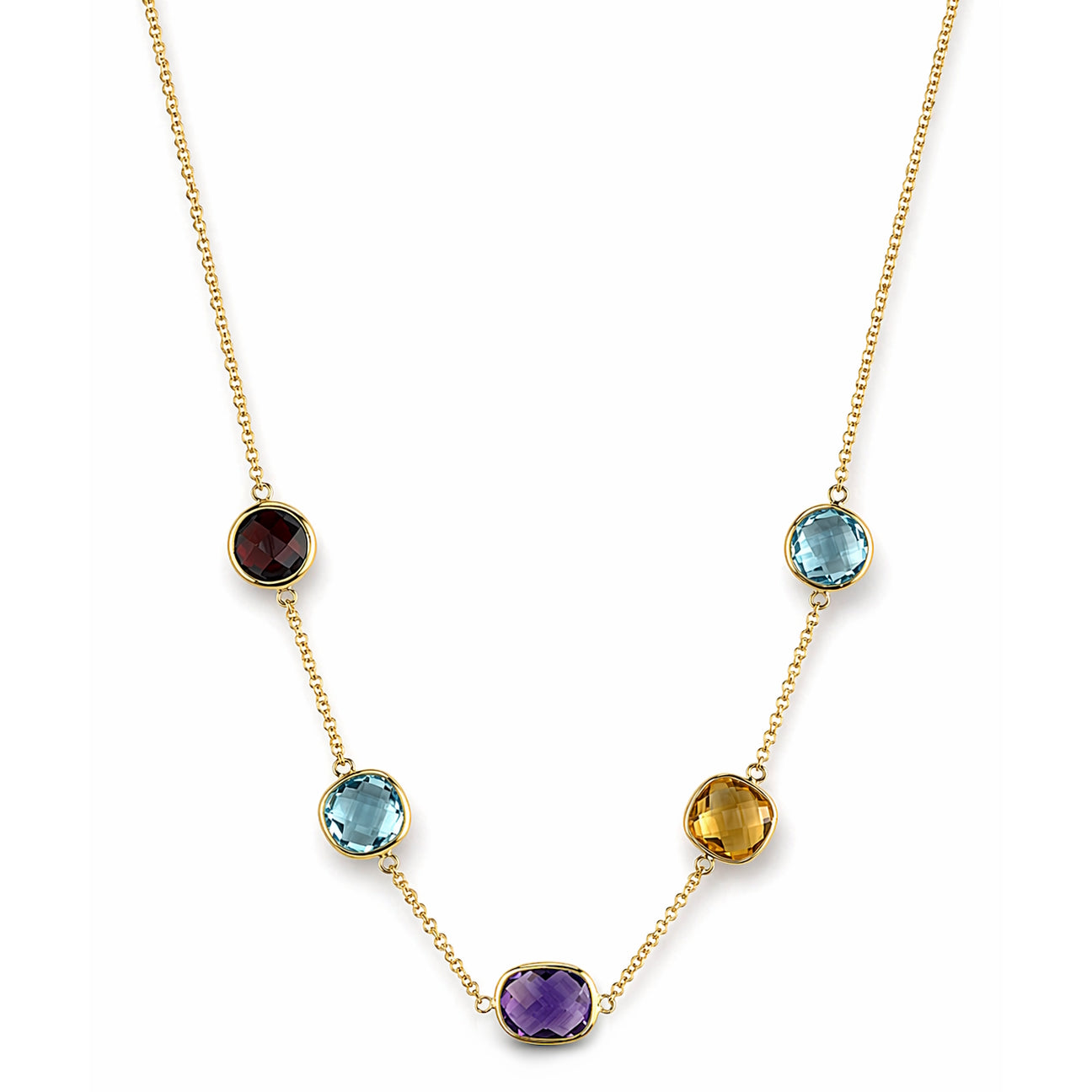 14k Multi Gemstone 5 Bezel Link Necklace