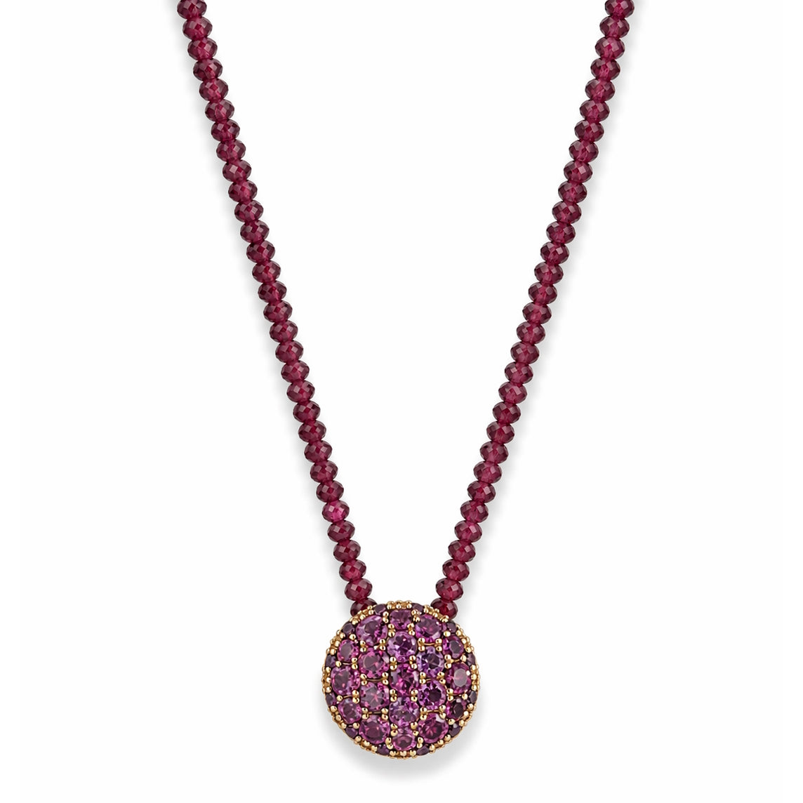 14k Rhodolite Garnet with Pave Round Pendant Necklace