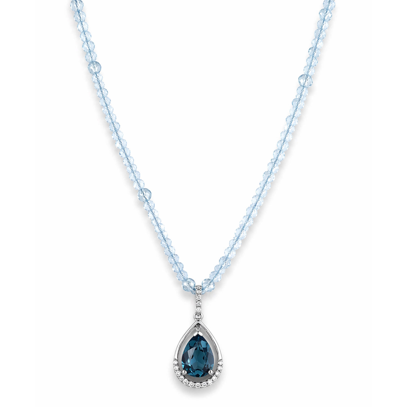 14k White Gold Blue Topaz with VS Diamond & London Blue Topaz Pendant Necklace
