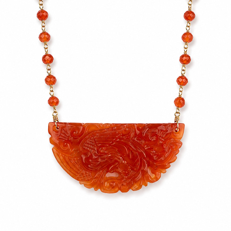 14k Carnelian Link with Phoenix Half Moon Pendant Necklace