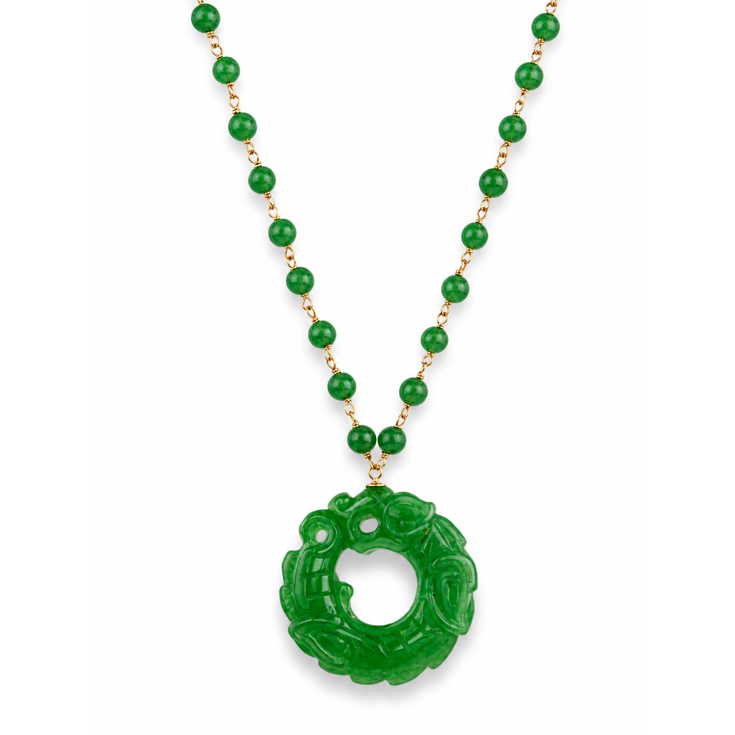 14k Green Jade with Elephant Open Circle Pendant Necklace