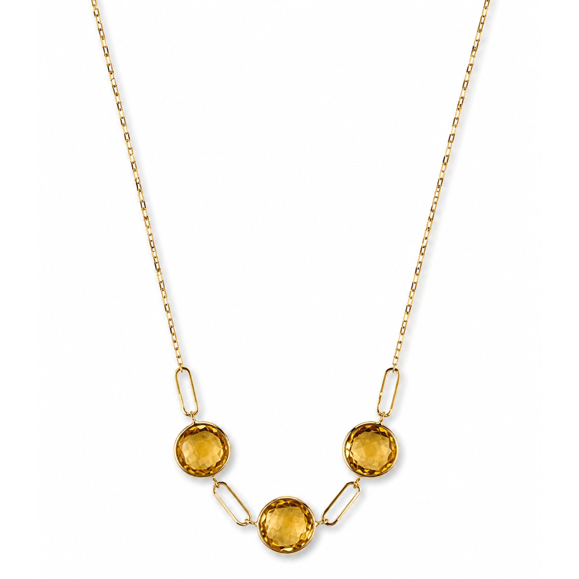14k Citrine 3 Round Bezel Paperclip Center Necklace