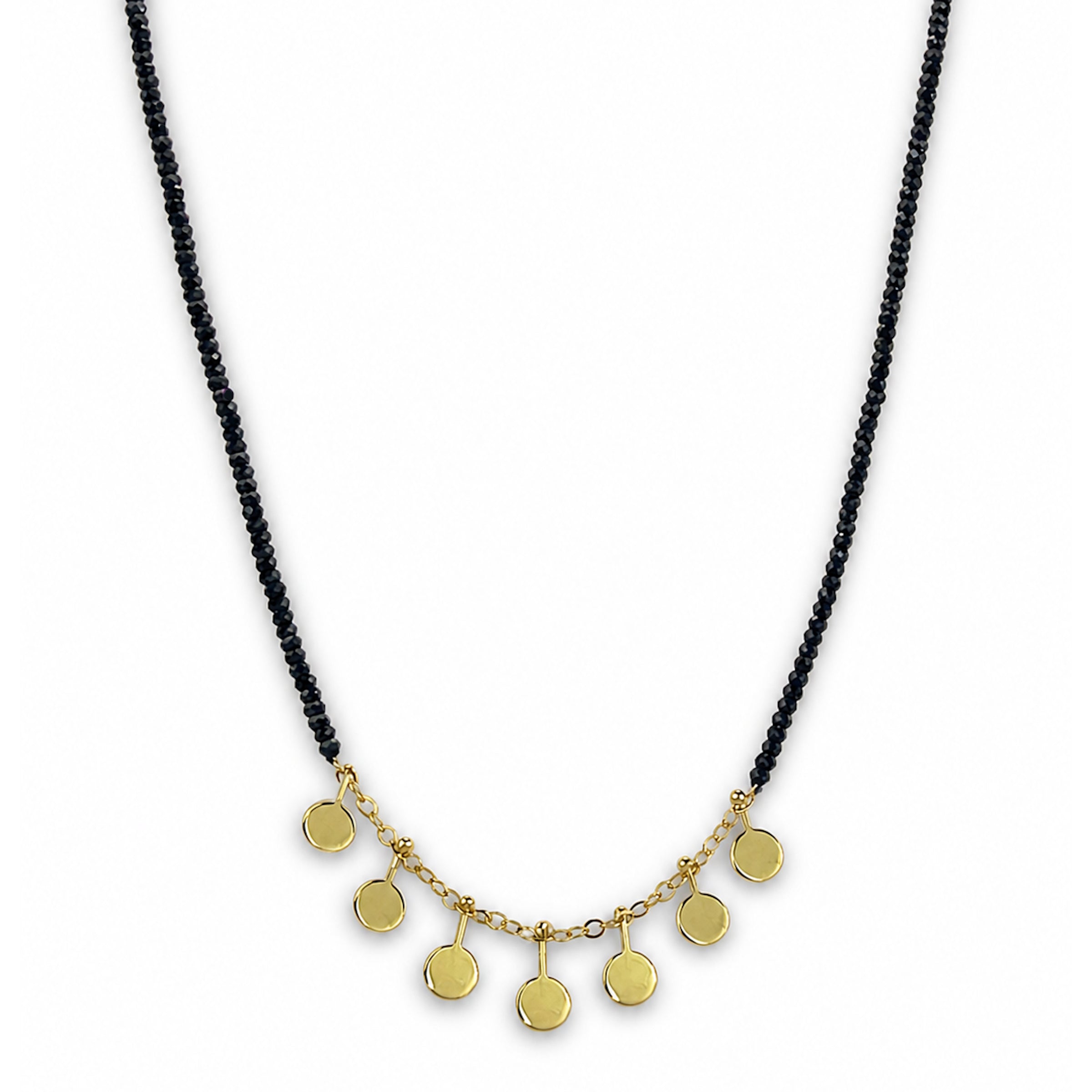14k Black Spinel 7 Gold Coin Drop Necklace