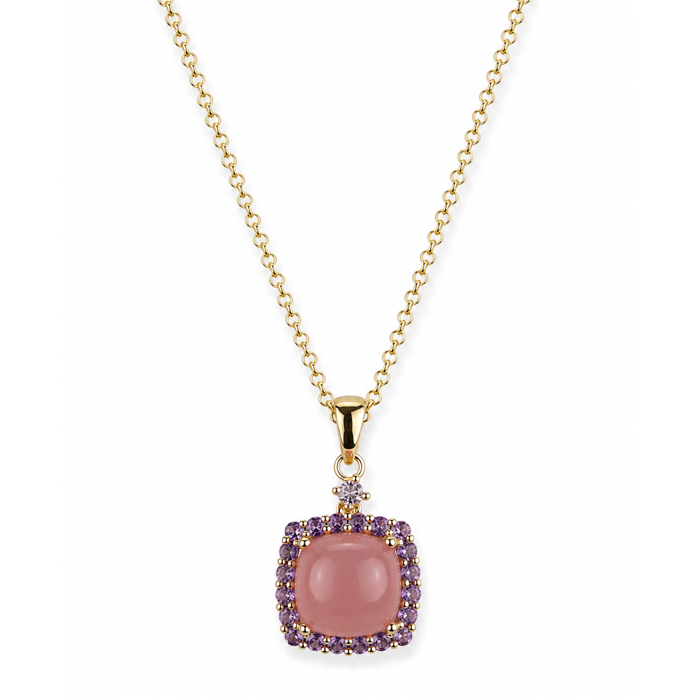 14k Guava Quartz & Amethyst Cushion Pendant Necklace