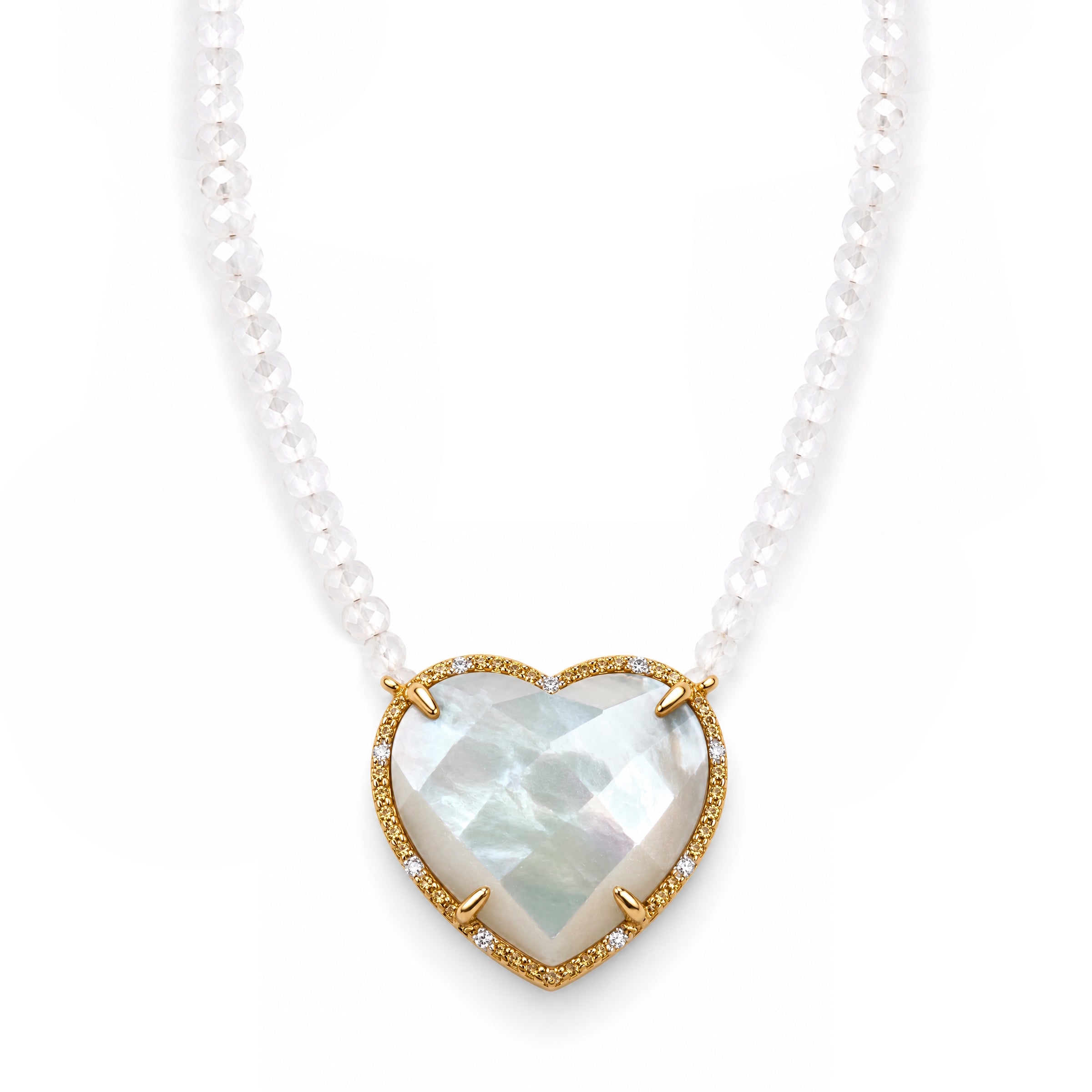 14k White Topaz Mother of Pearl Heart Diamond Necklace