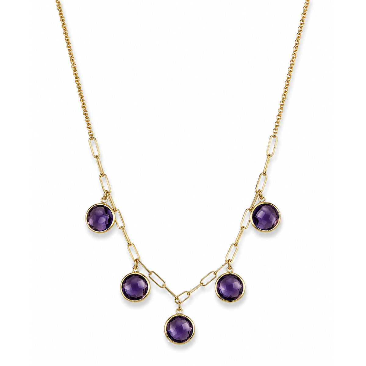 14k Amethyst 5 Round Bezel Drop Paperclip Necklace