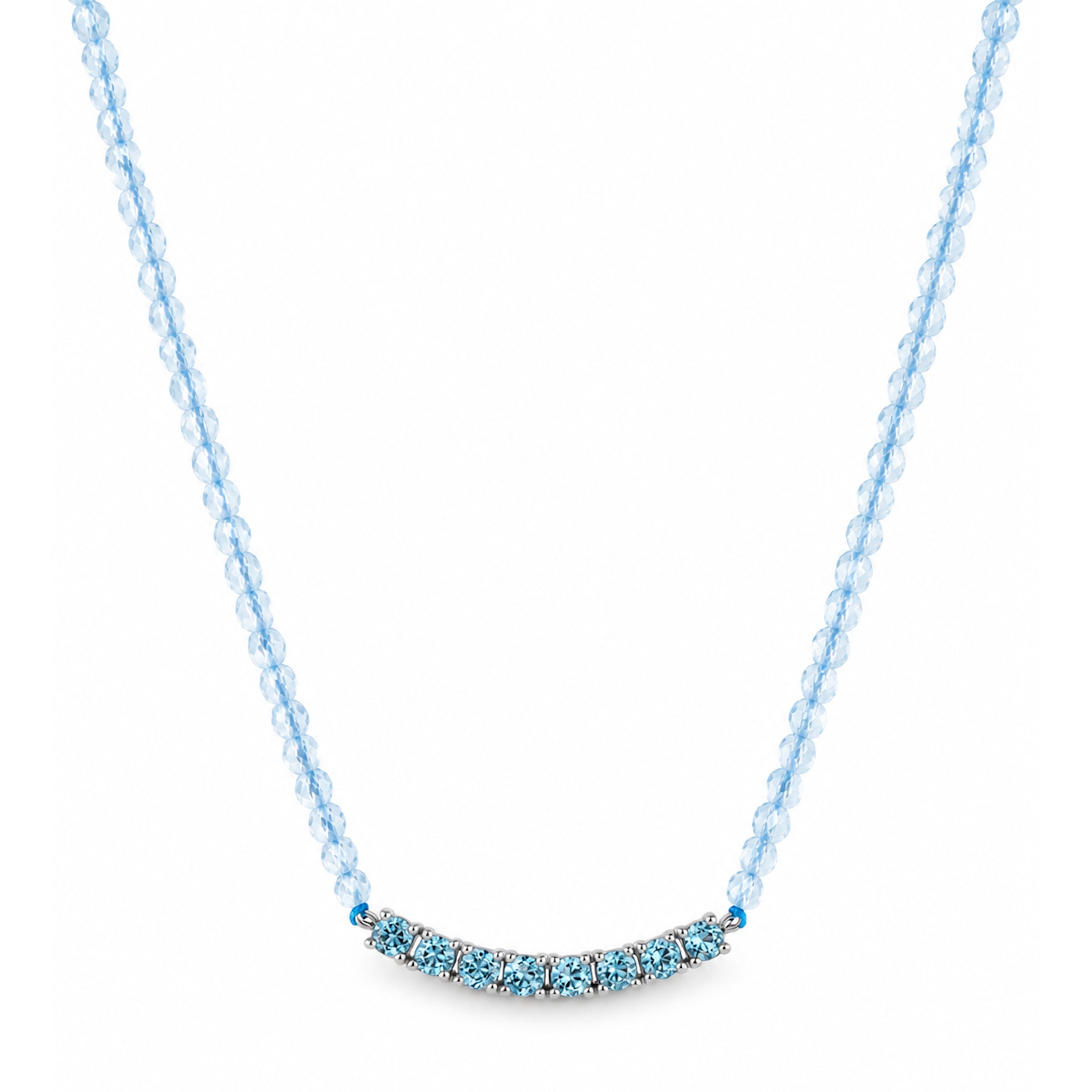 14k White Gold Blue Topaz with Swiss Blue Topaz Curved Bar Necklace