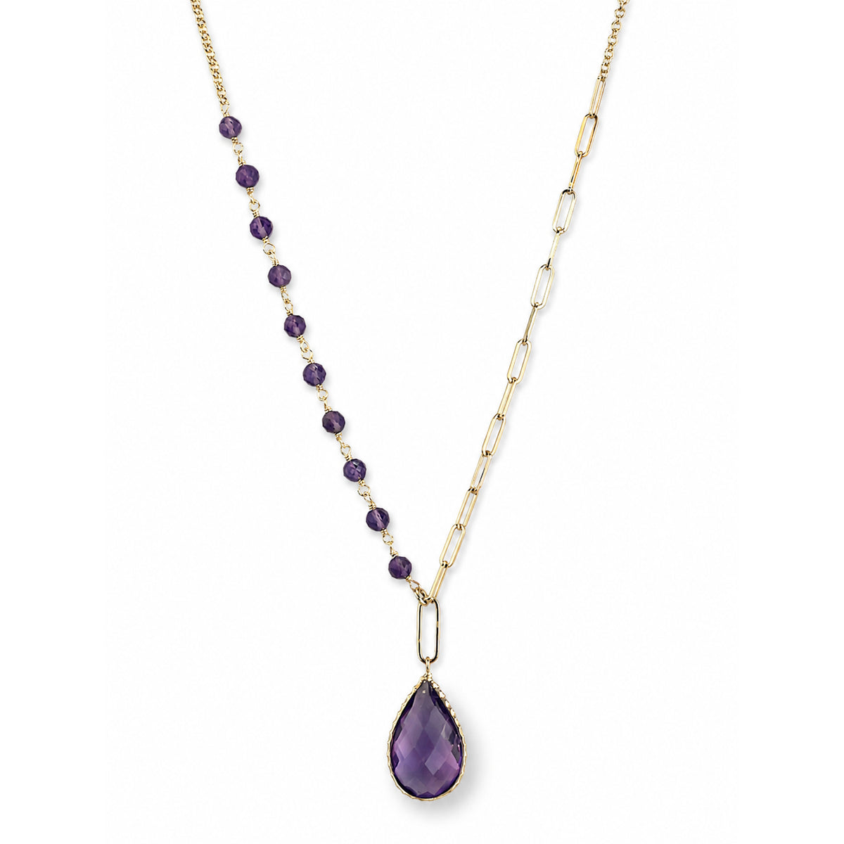 14k Amethyst Paperclip Pear Shape Pendant Necklace