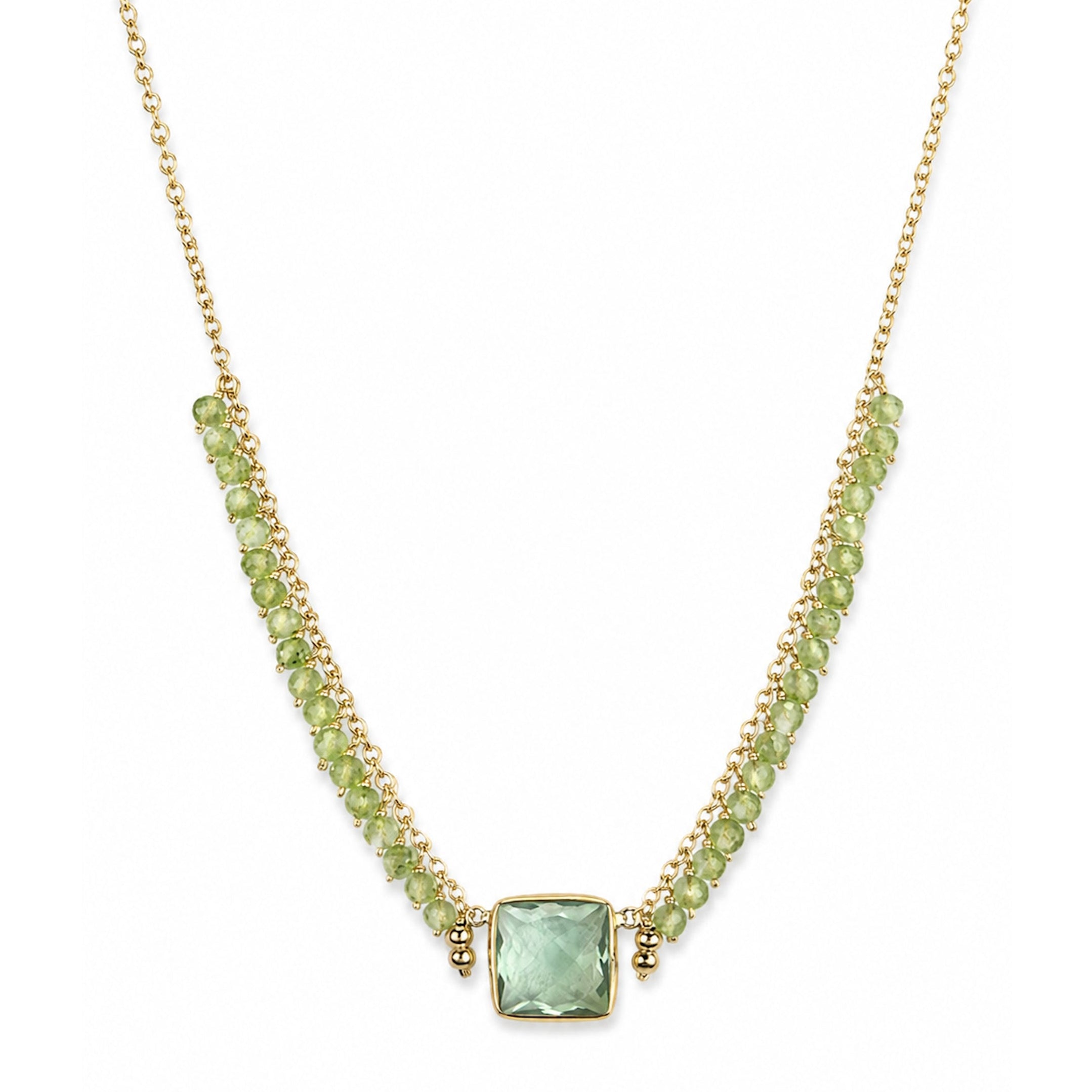 14k Green Amethyst & Peridot Square Bezel Center Cluster Necklace