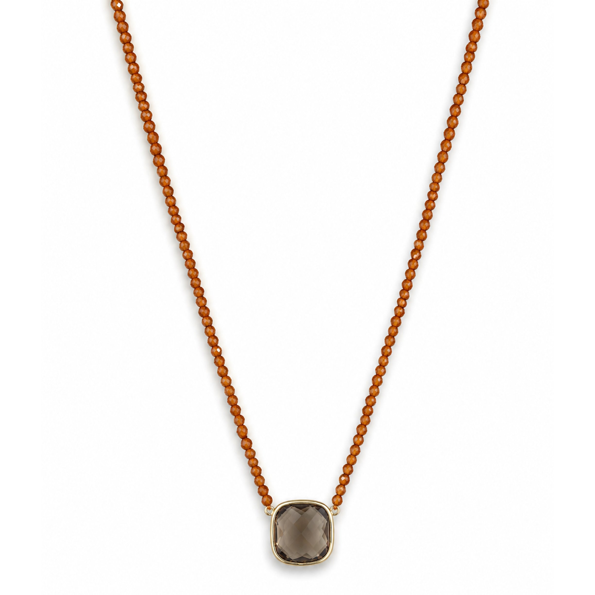 14k Yellow Garnet Smoky Quartz Cushion Center Necklace