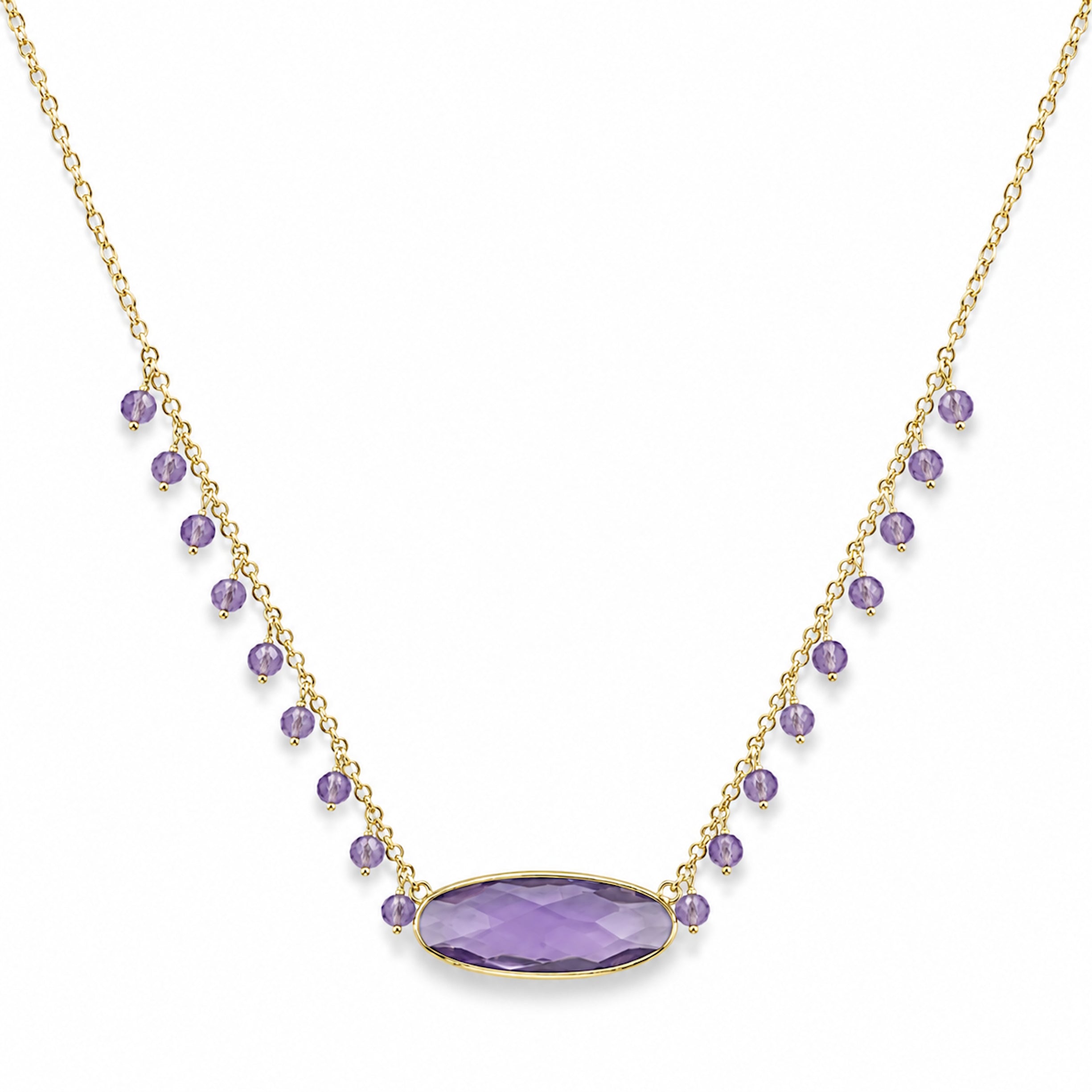 14k Pink Amethyst & Amethyst Oval Bezel Center Cluster Necklace