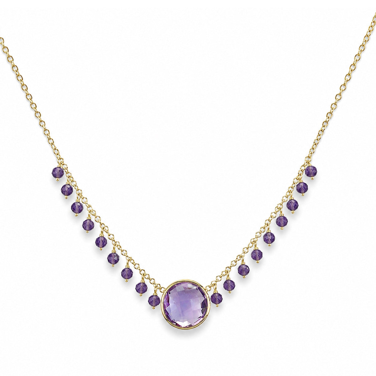 14k Amethyst & Pink Amethyst Round Bezel Center Cluster Necklace