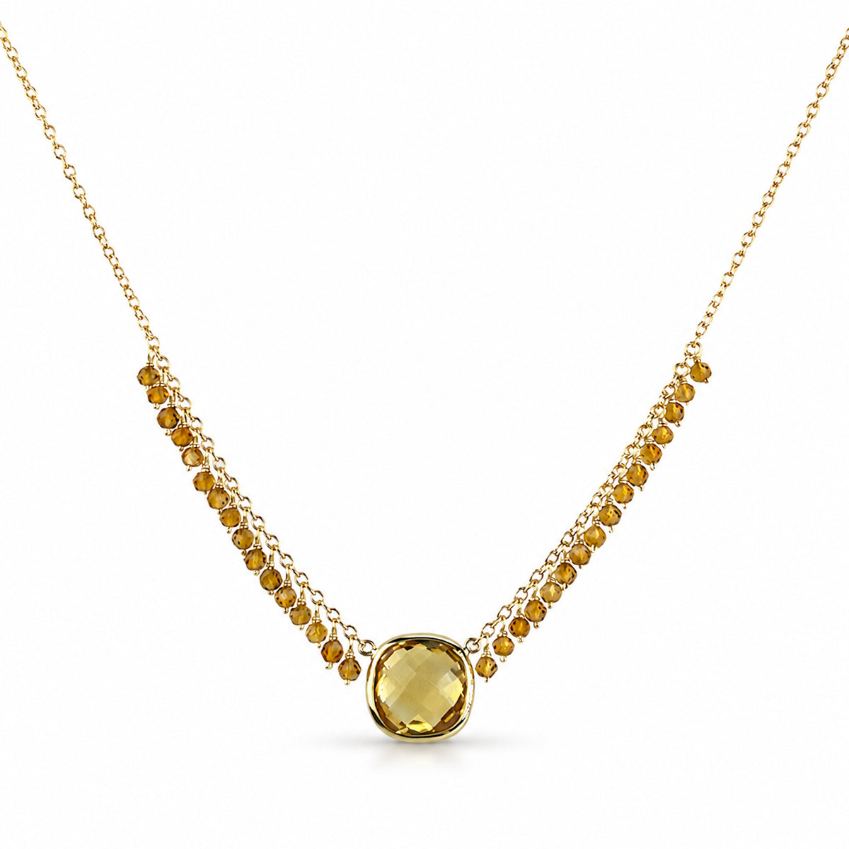 14k Citrine Cushion Bezel Center Cluster Necklace
