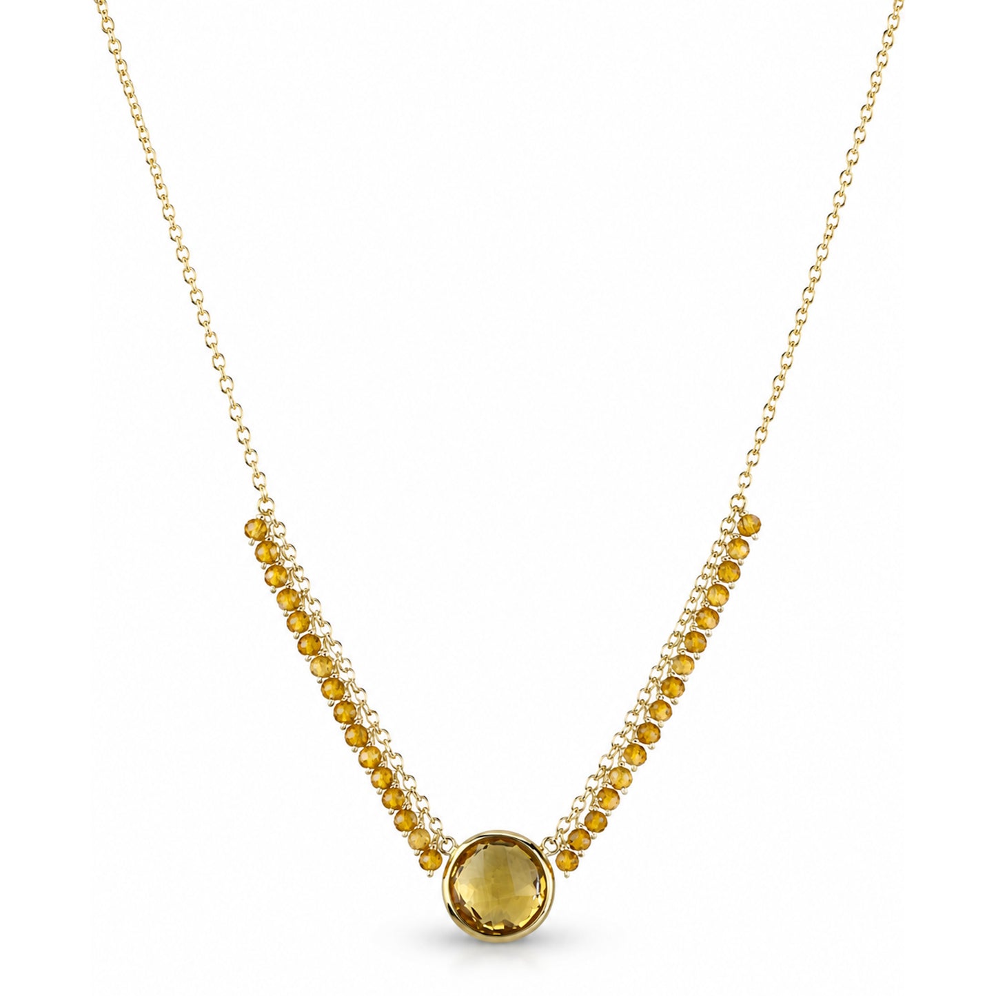 14k Citrine Round Bezel Center Cluster Necklace