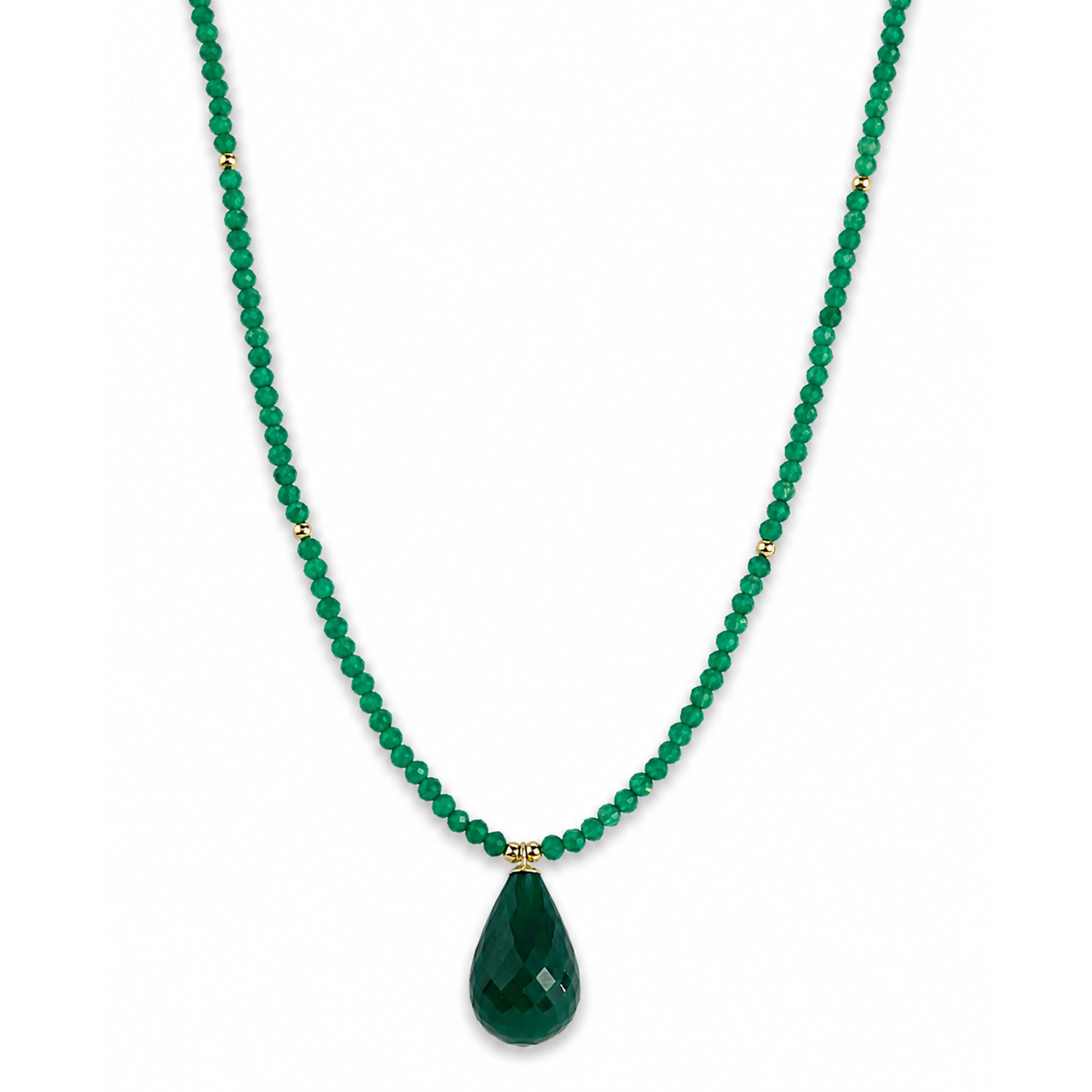 14k Green Onyx Gold Ball Drop Pendant Necklace