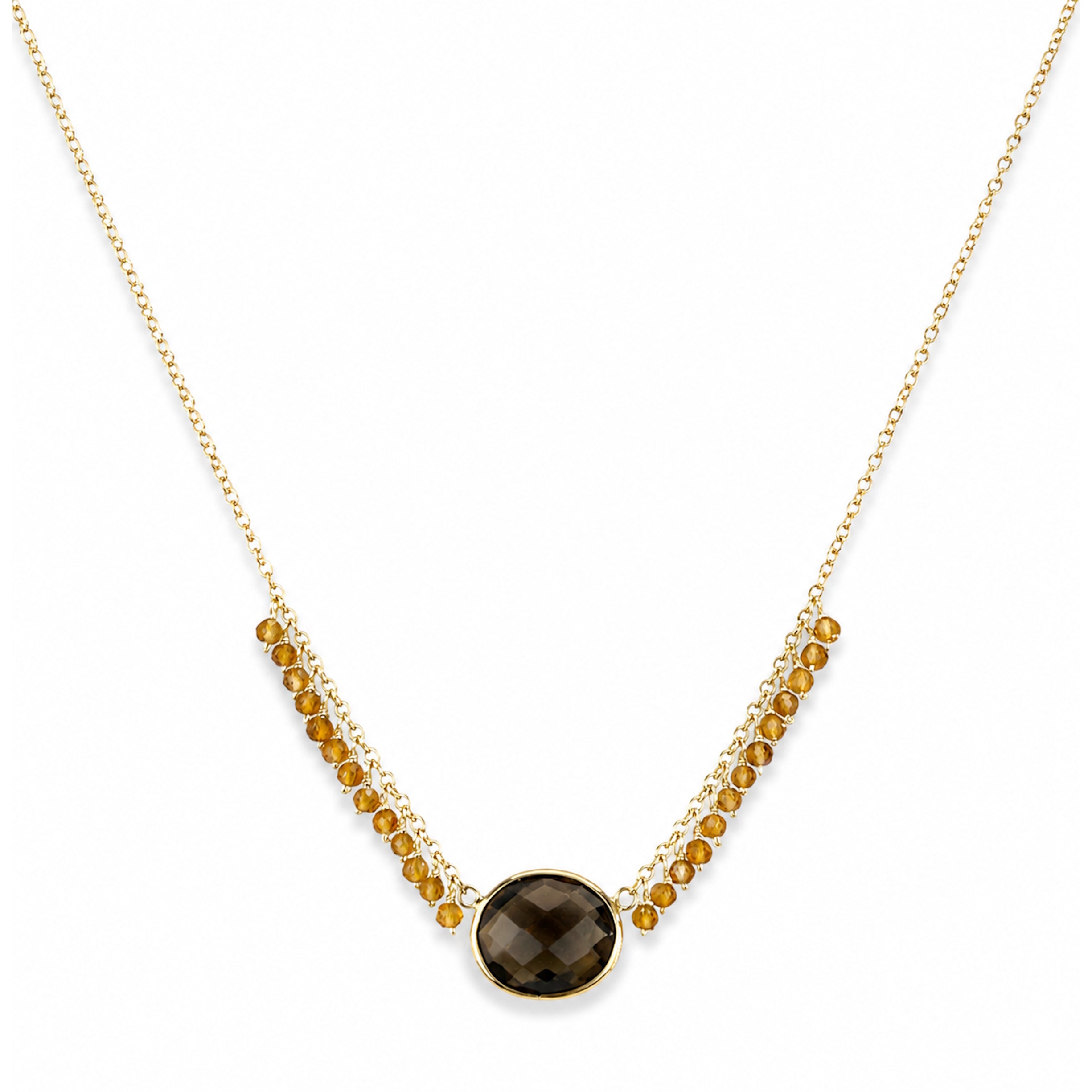 14k Citrine & Smoky Quartz Oval Center Cluster Necklace