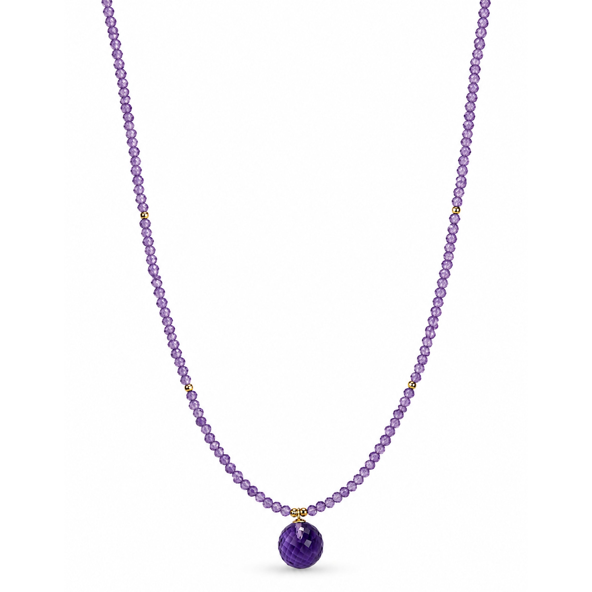 14k Pink Amethyst Gold Bead Faceted Ball Pendant Necklace