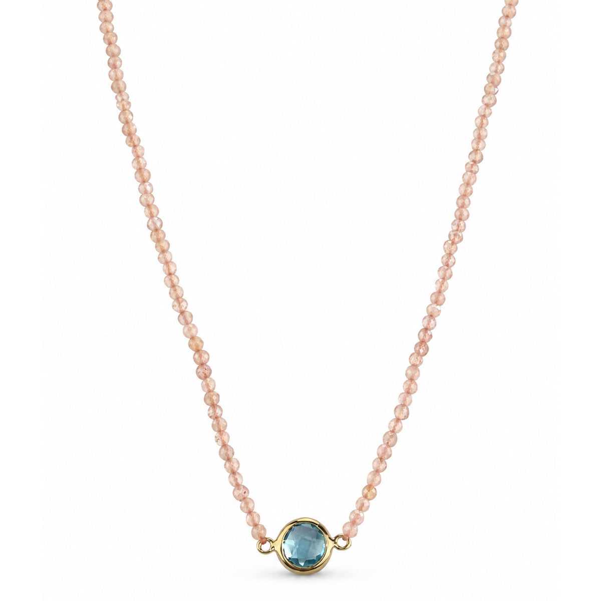 14k Peach Moonstone & Swiss Blue Topaz Round Center Necklace