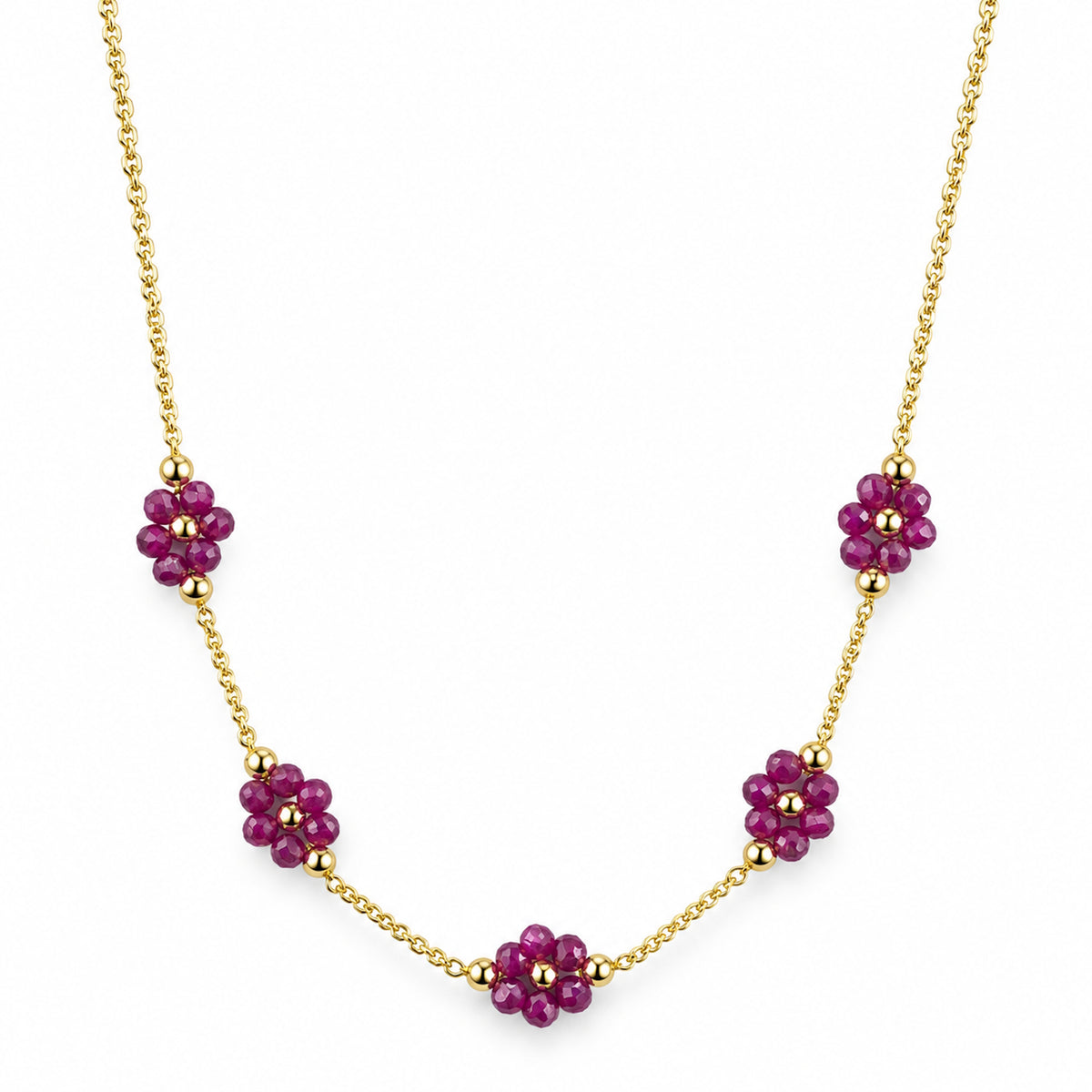 14k Multi Gemstones White Pearl 5 Flower Station Necklace
