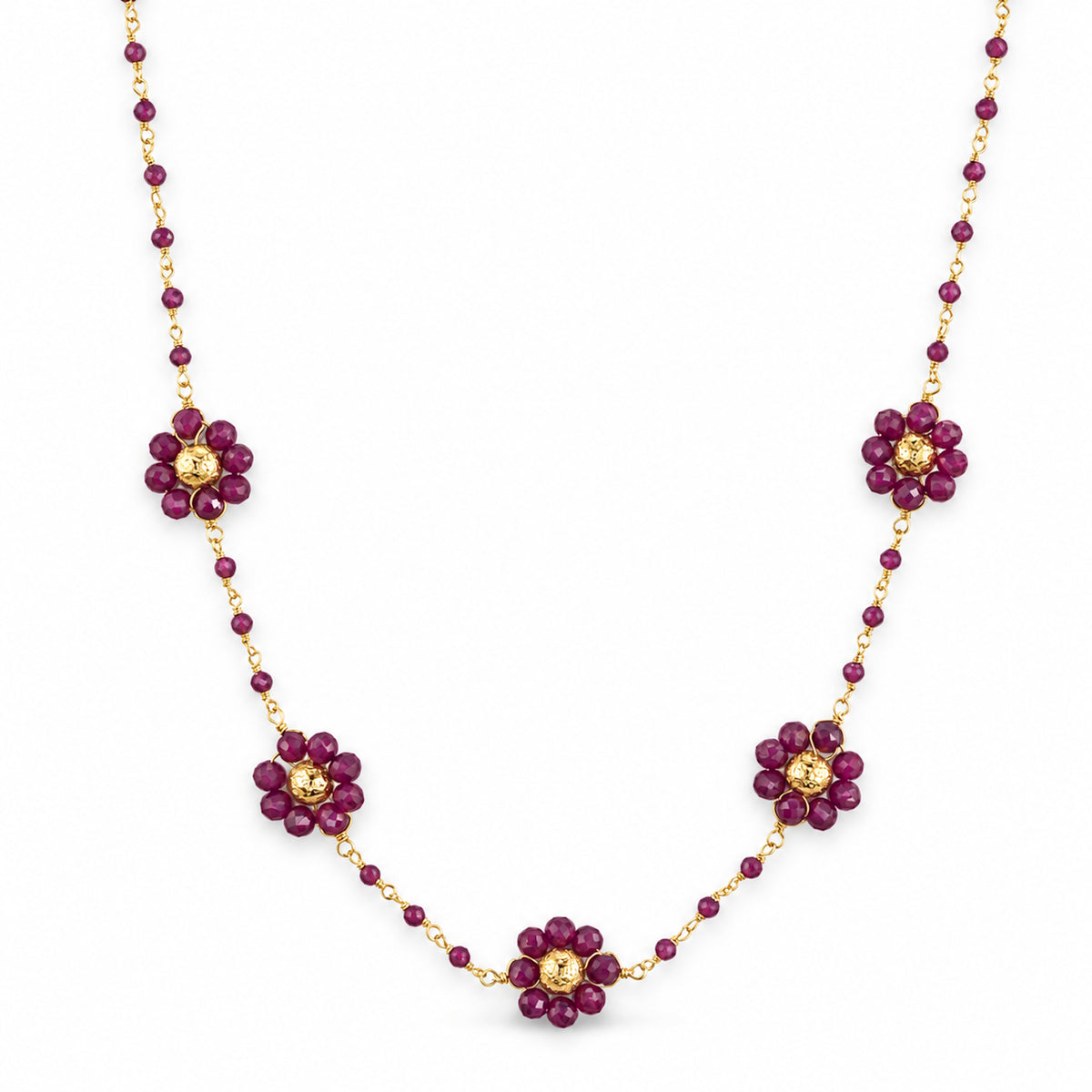 14k Dyed Ruby or Dyed Emerald 5 Station Flower Link Necklace