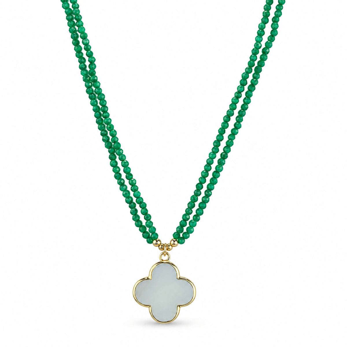 14k Multi Gemstone Clover Pendant 2 Row Necklace