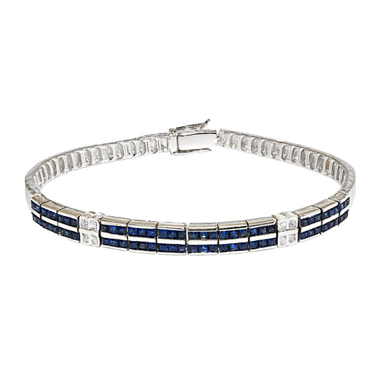 18k White Gold Blue Sapphire Diamond Art Deco Bracelet