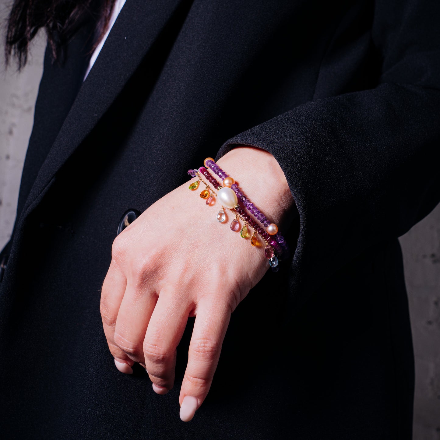 14k Garnet, Citrine, Peridot, Amethyst, and Blue Topaz Bracelet 6''