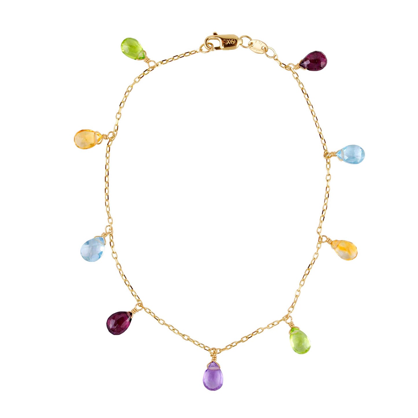 14k Garnet, Blue Topaz, Citrine, Peridot, and Amethyst Bracelet 7.5"