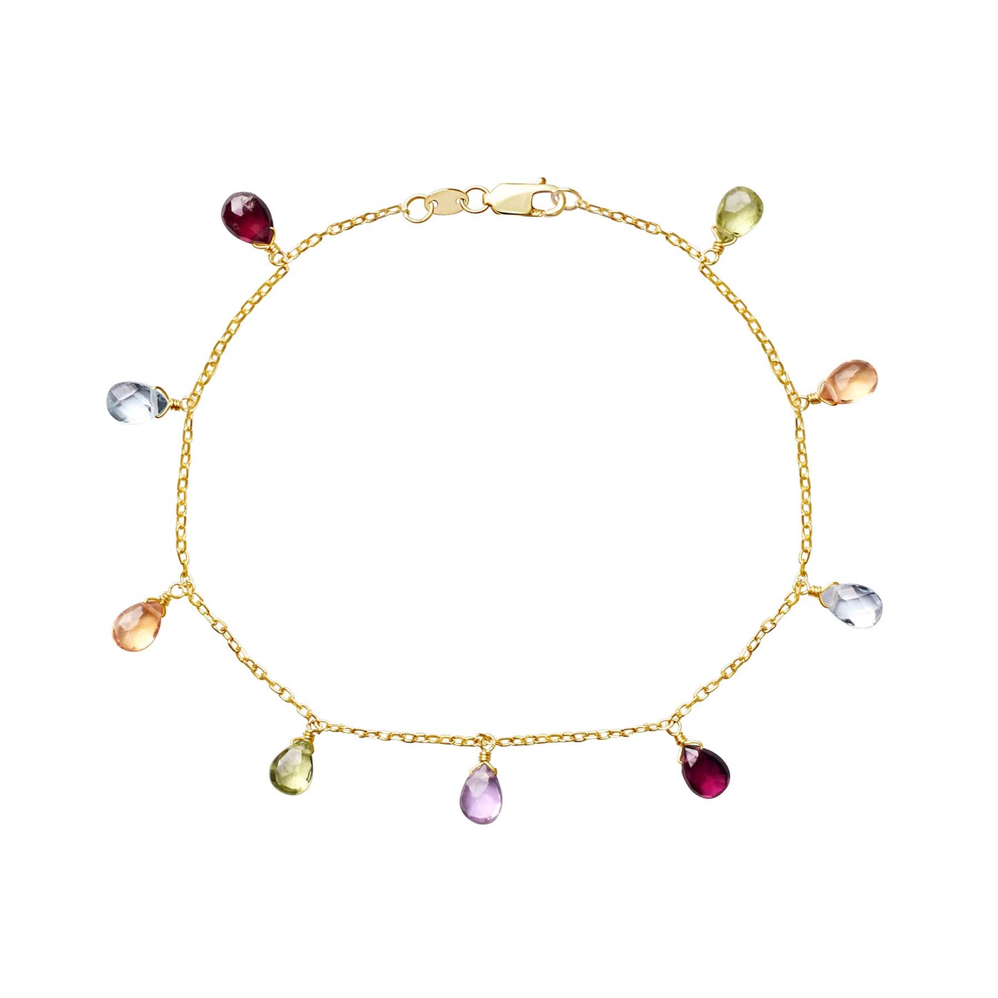 14k Garnet, Blue Topaz, Citrine, Peridot, and Amethyst Bracelet 7.5"