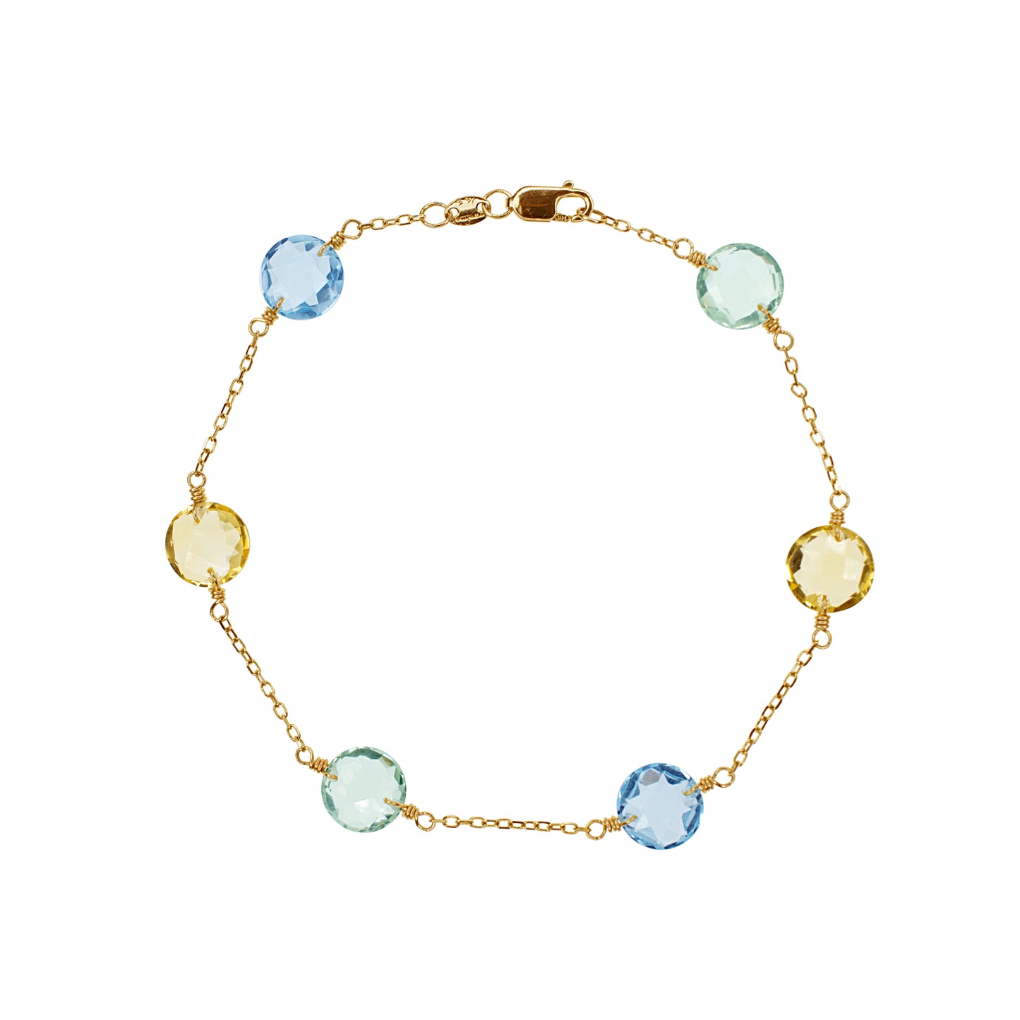 14k Blue Topaz, Citrine, and Green Amethyst Coin Station Bracelet