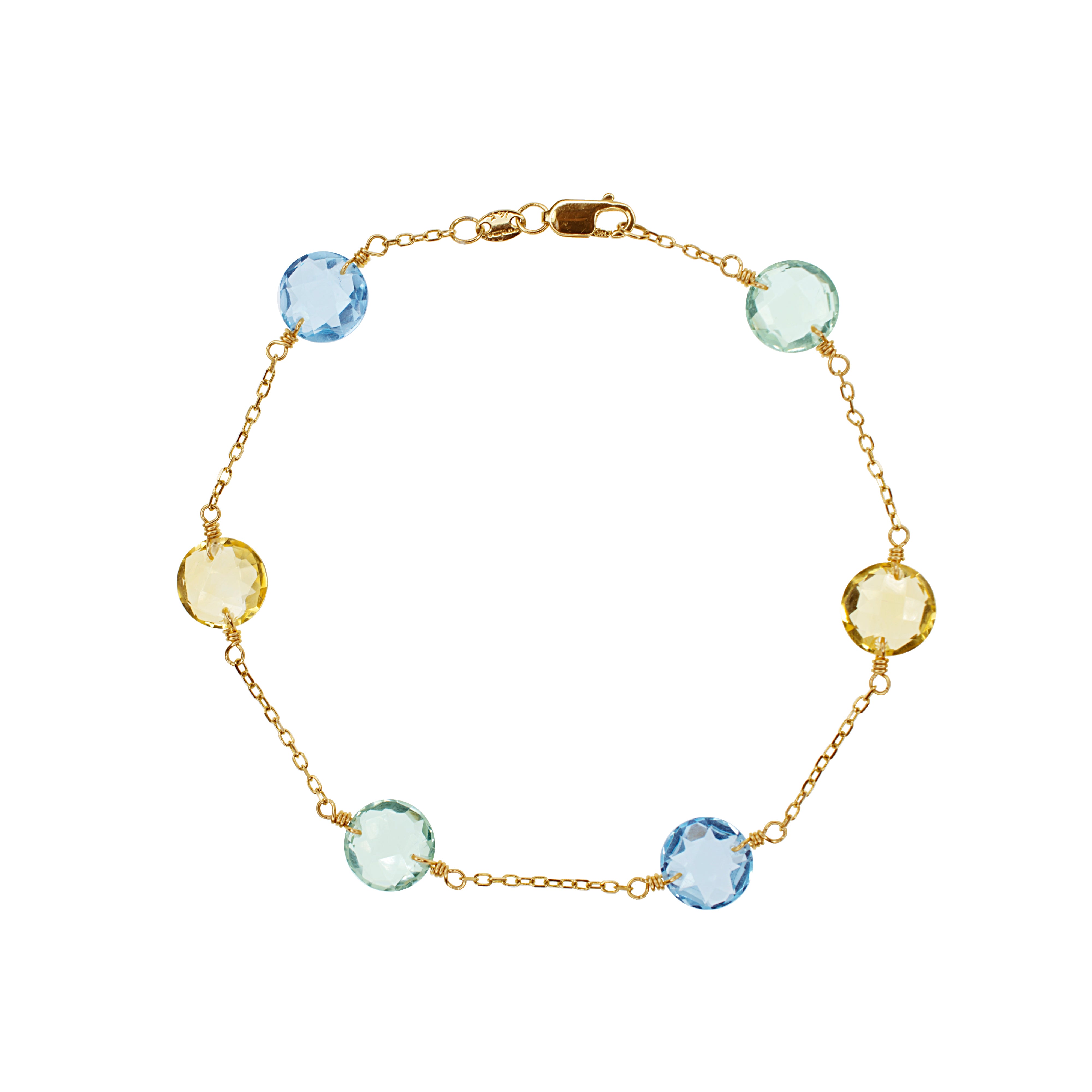 14k Blue Topaz, Citrine, and Green Amethyst Coin Station Bracelet