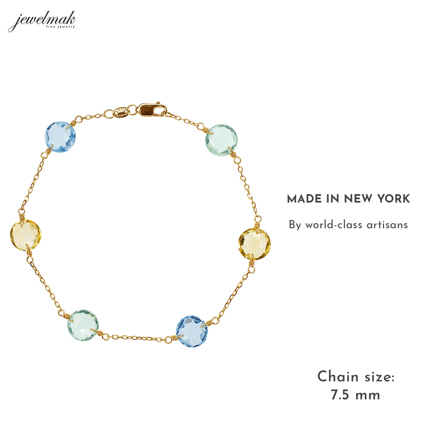 14k Blue Topaz, Citrine, and Green Amethyst Coin Station Bracelet
