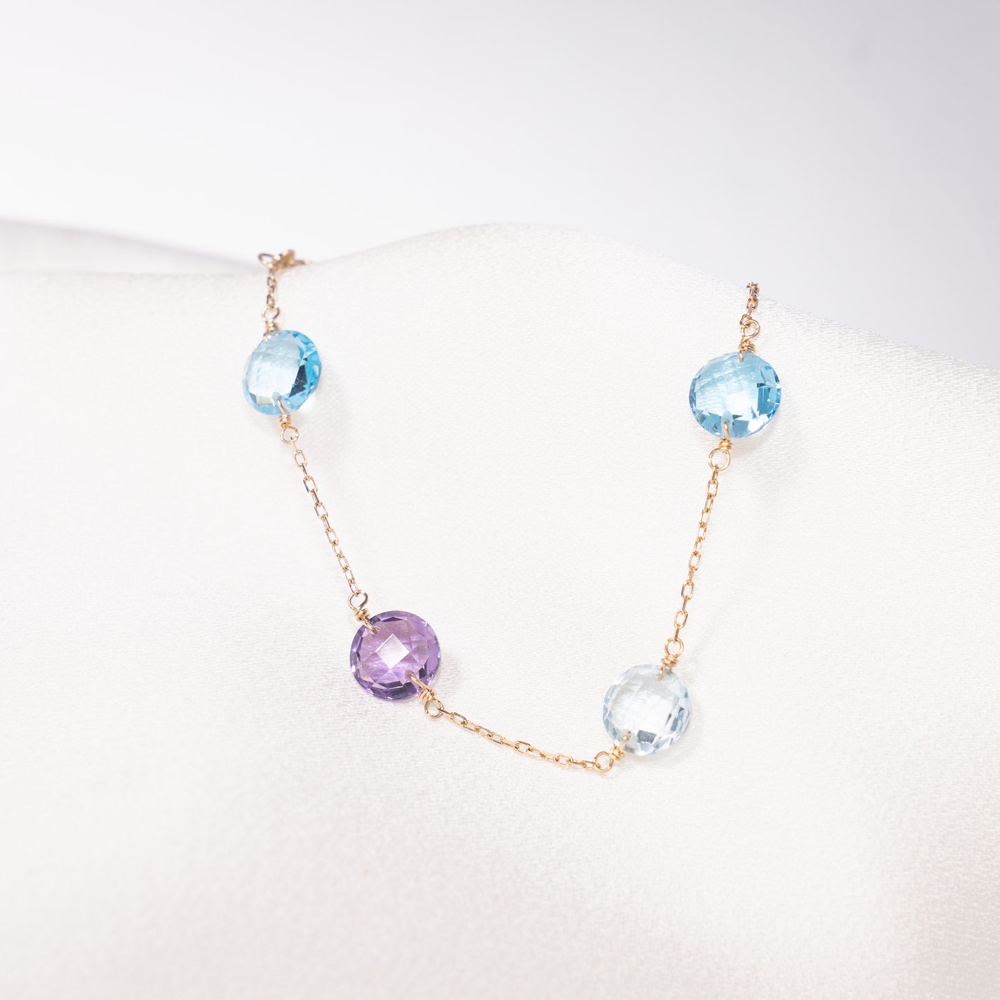 14k Swiss and Sky Blue Topaz Amethyst Coin 6 Station Bracelet 7.5"