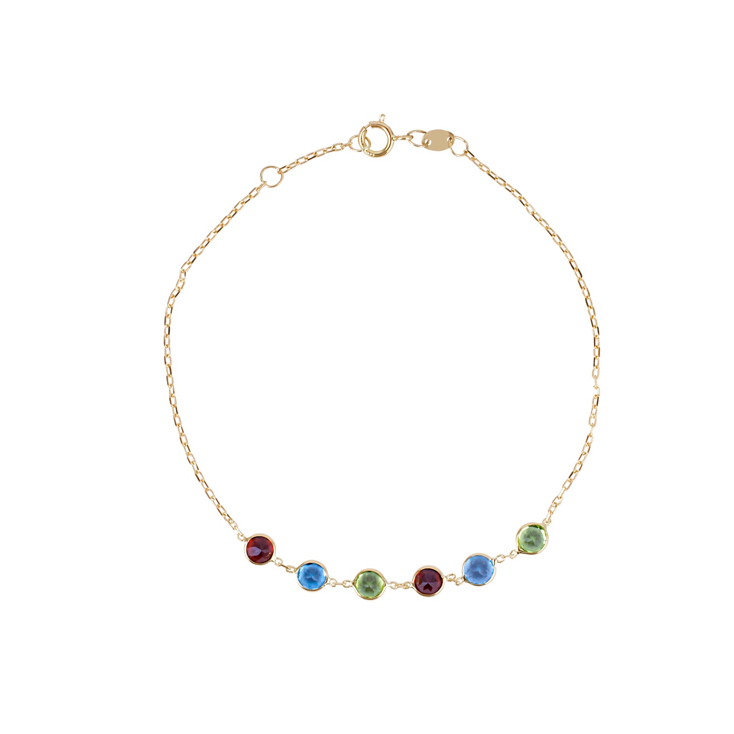 14k Garnet, Blue Topaz, Peridot 6 Round Bezel Bracelet