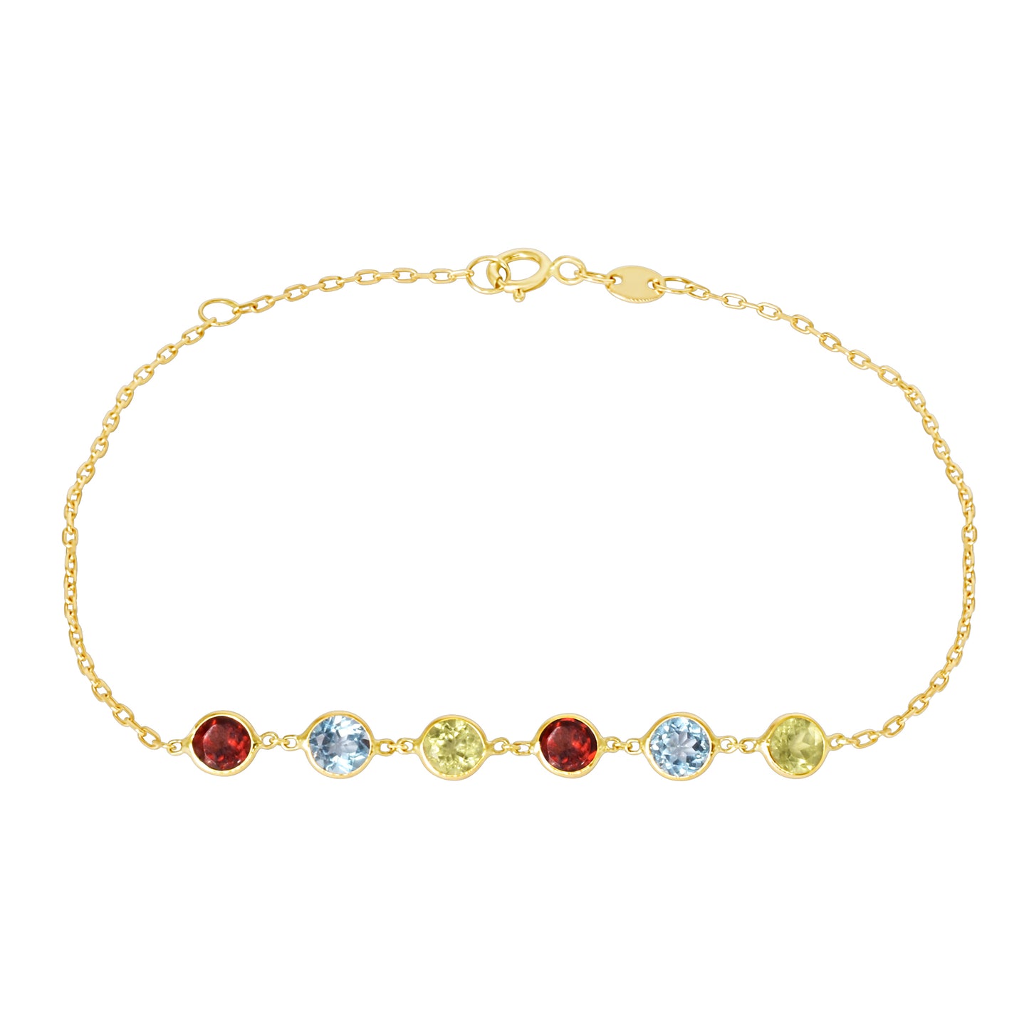 14k Garnet, Blue Topaz, Peridot 6 Round Bezel Bracelet