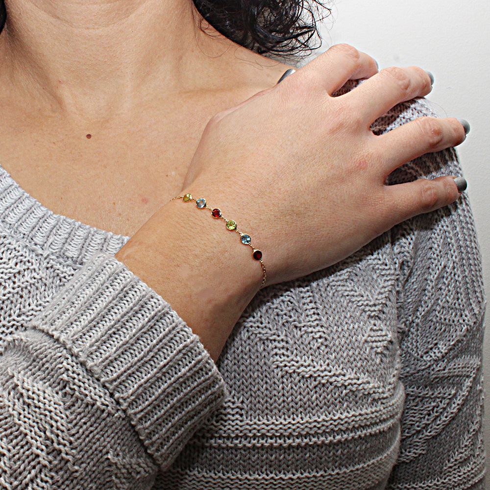 14k Garnet, Blue Topaz, Peridot 6 Round Bezel Bracelet