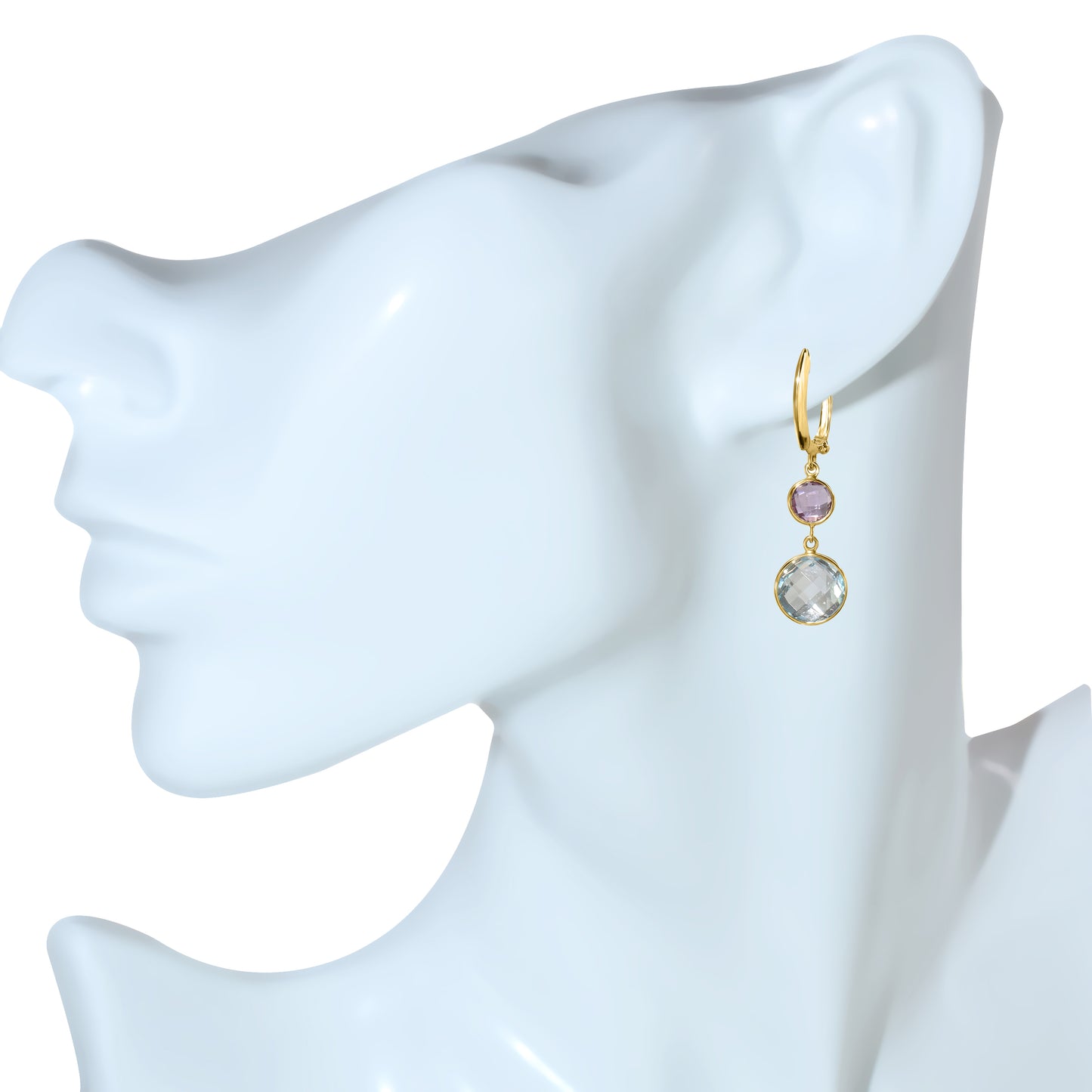 14k Amethyst Blue Topaz Round Bezel Hoop Earring