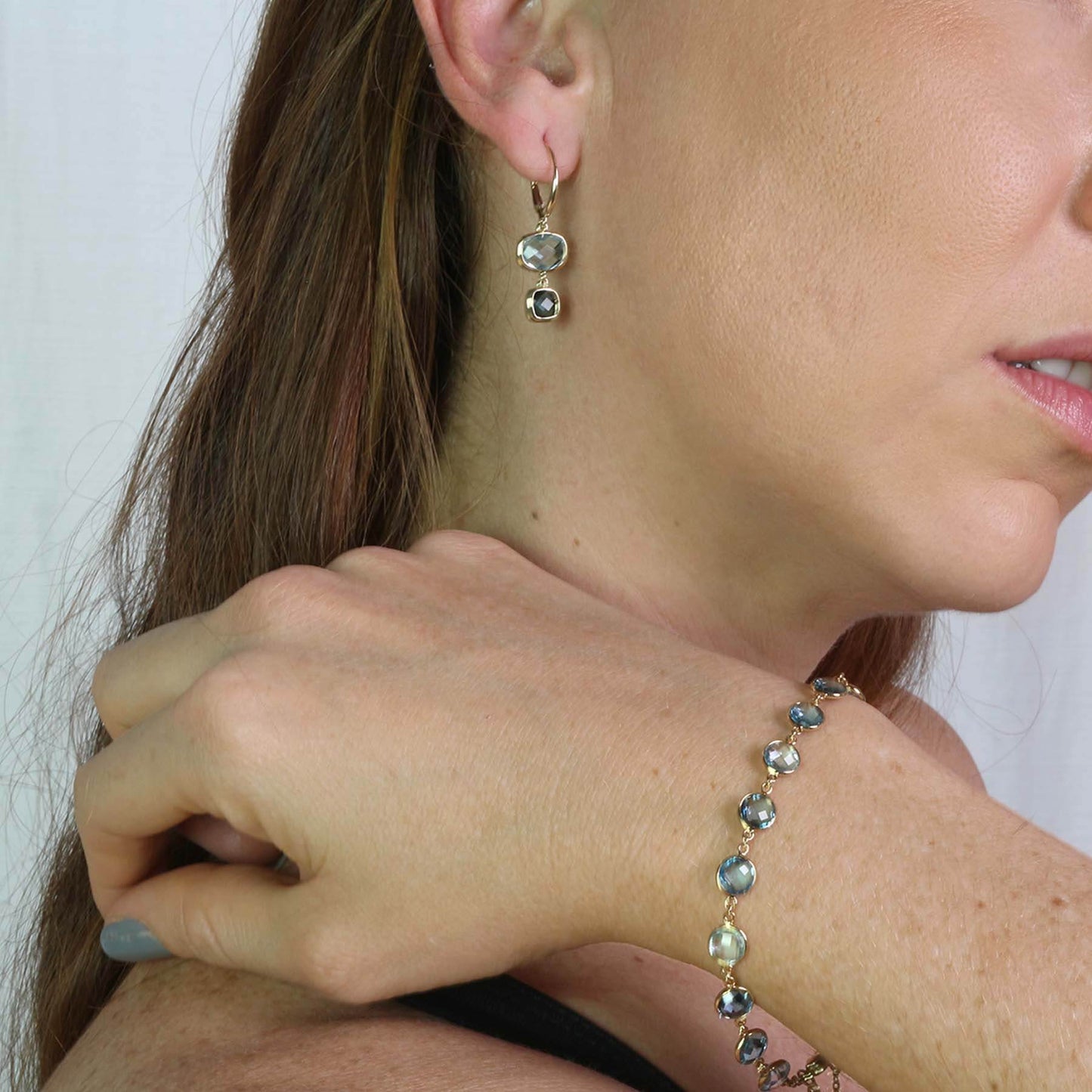 14k Multi-Color Blue Topaz 15" Link Bracelet 7.5"/8.5"