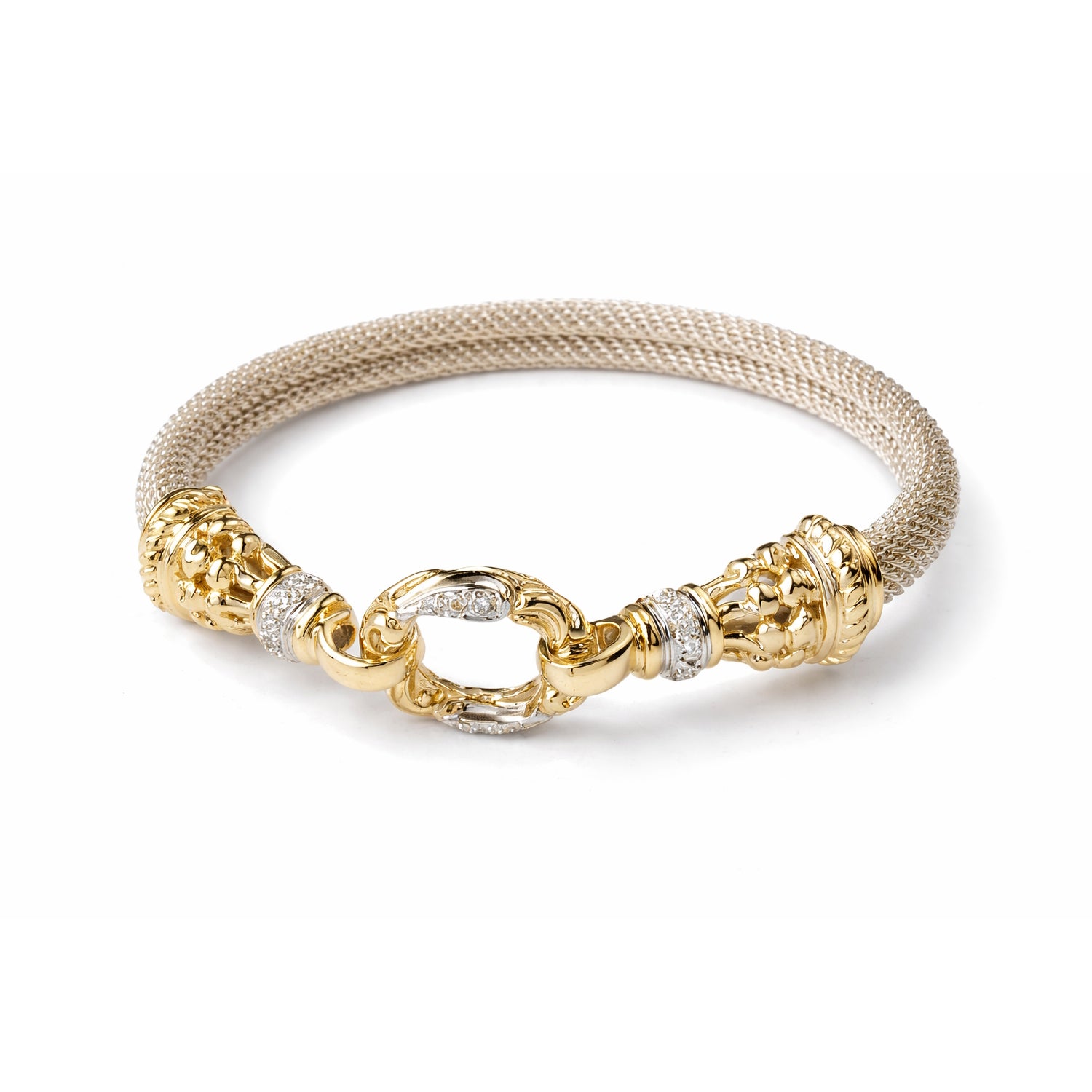 14k Gold Diamond Bangle 0.12Ct With Silver Mesh Cuff