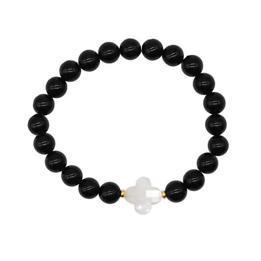 14k Black Onyx Moonstone End Stretch Bracelet 7.5"