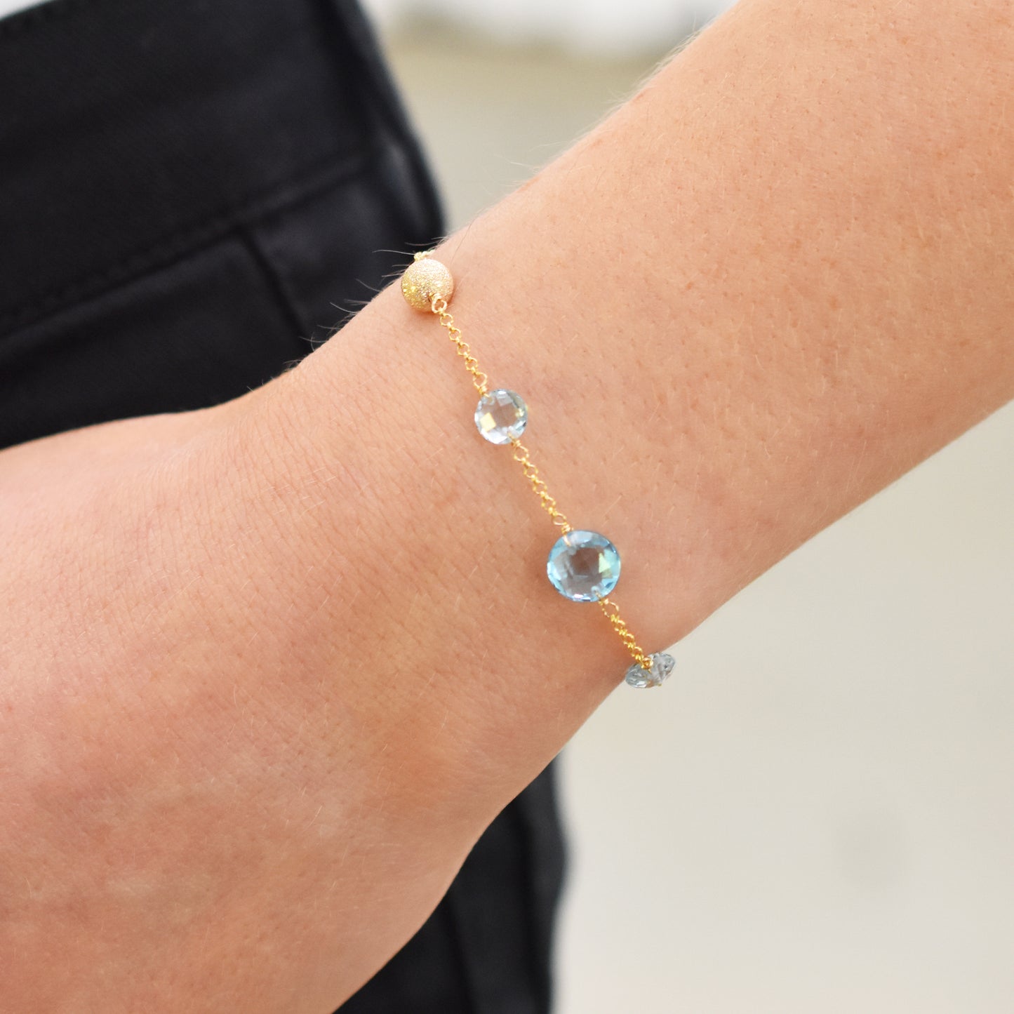14k Gemstone Coin Fancy Chain Bracelet 7.25" Sky & Swiss Blue Topaz