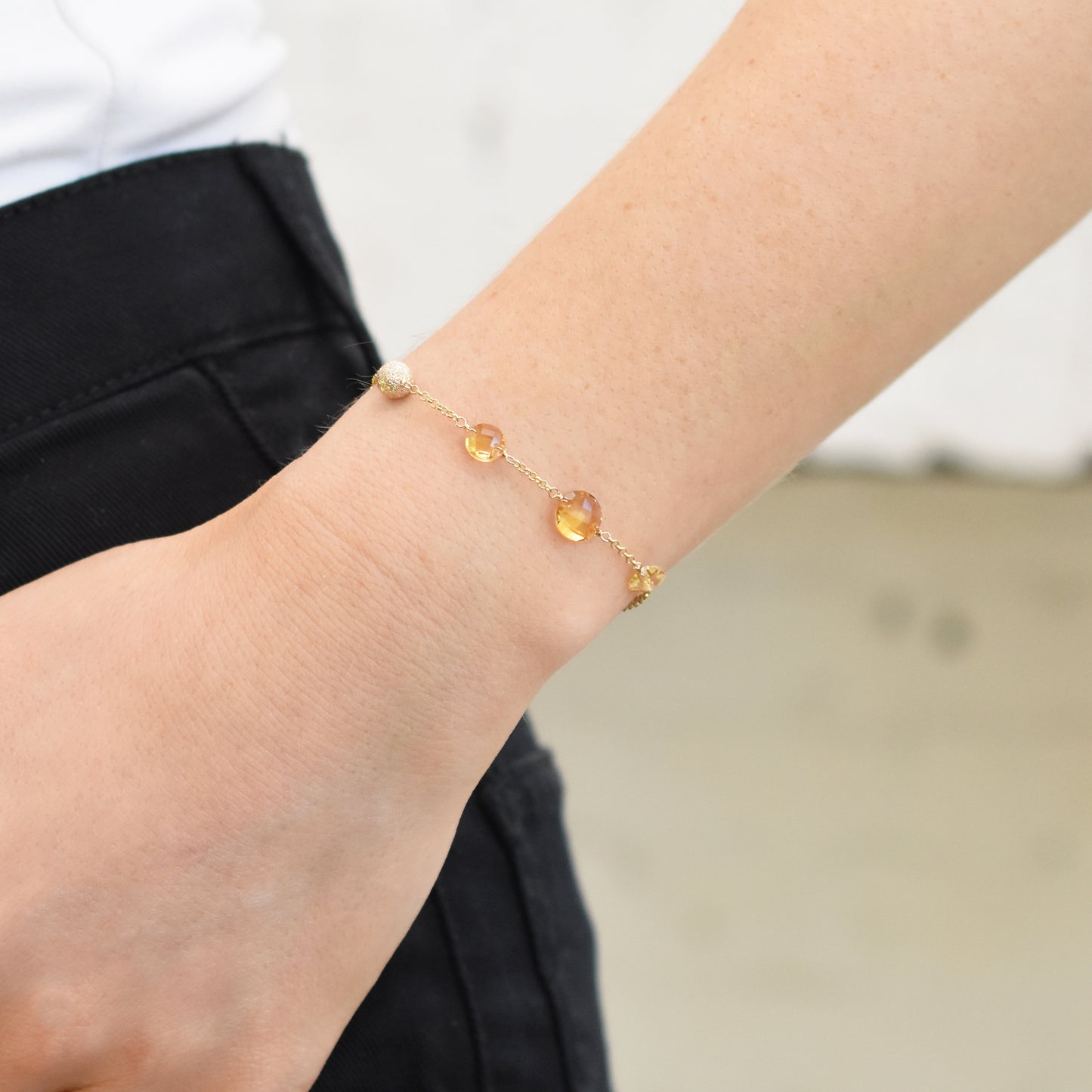 14k Gemstone Coin Fancy Chain Bracelet 7.25" Citrine