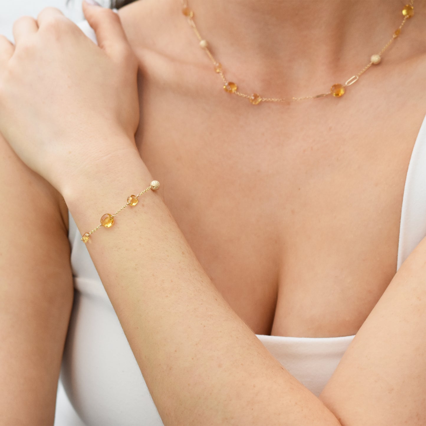 14k Gemstone Coin Fancy Chain Bracelet 7.25" Citrine