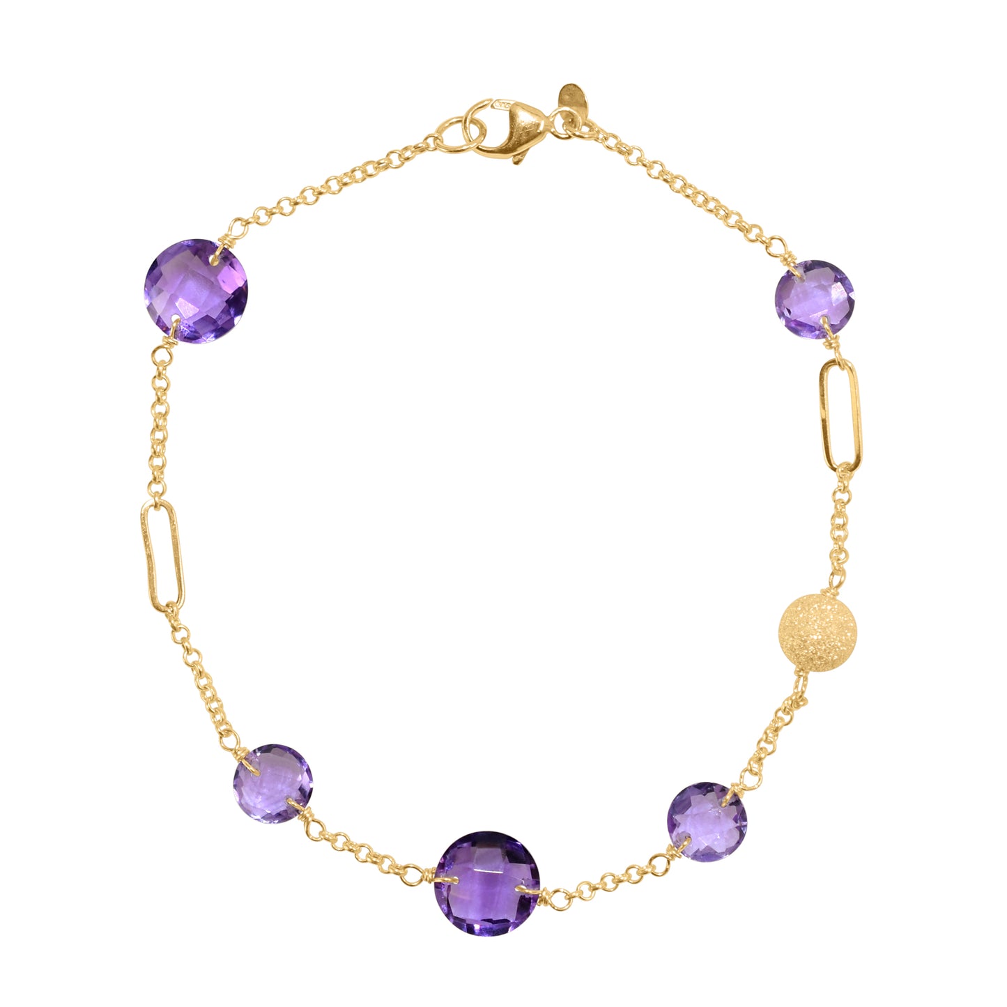 14k Gemstone Coin Fancy Chain Bracelet 7.25" Amethyst