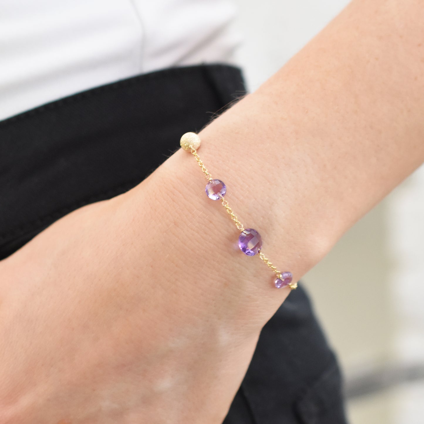 14k Gemstone Coin Fancy Chain Bracelet 7.25" Amethyst