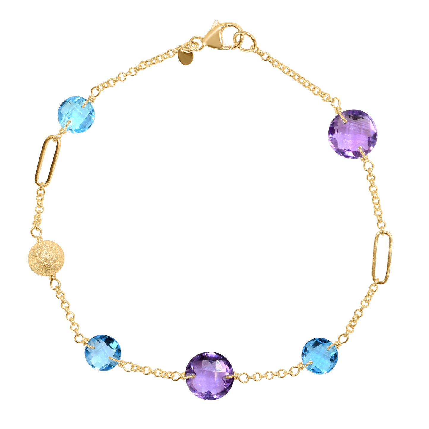 14k Gemstone Coin Fancy Chain Bracelet 7.25" Swiss Blue Topaz & Amethyst