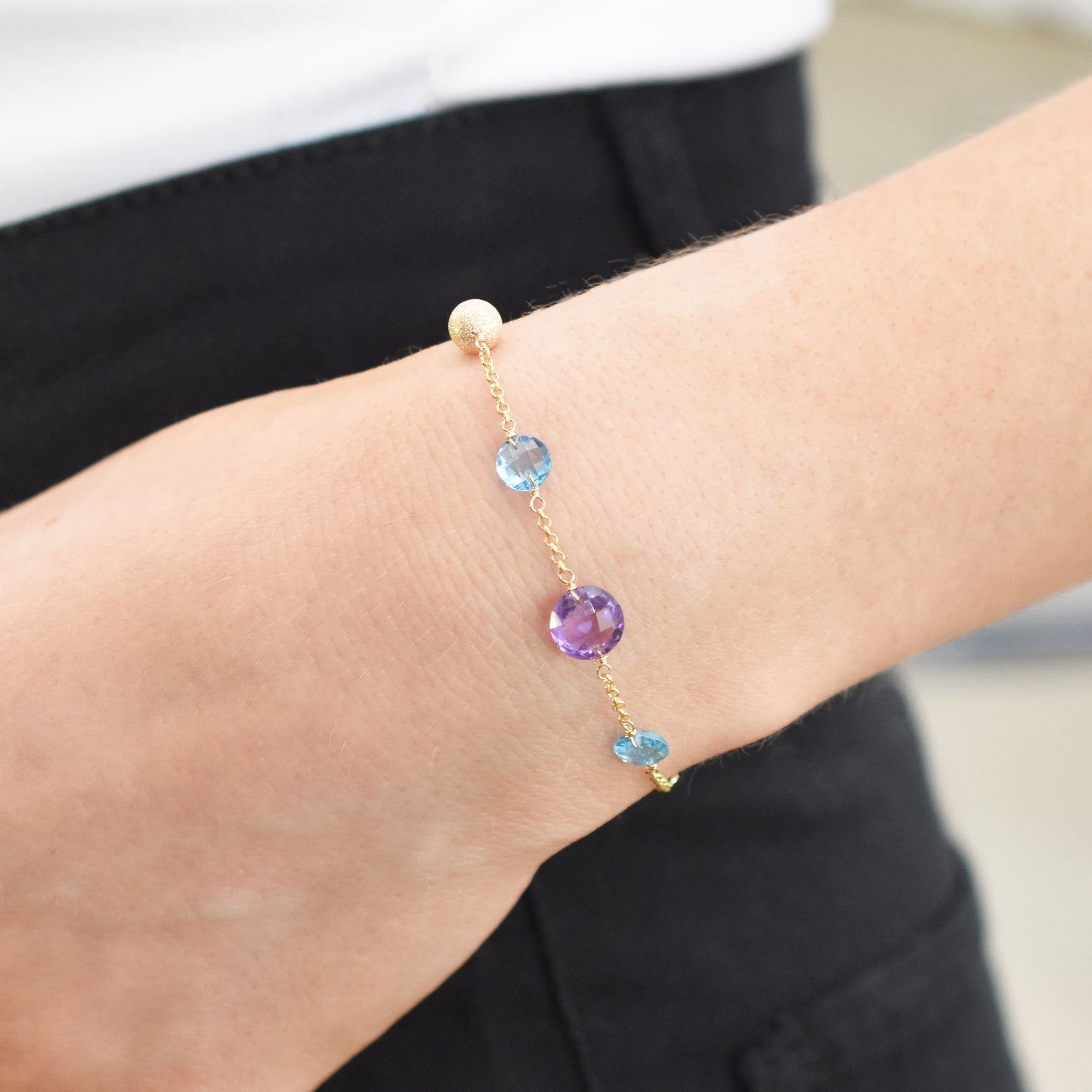 14k Gemstone Coin Fancy Chain Bracelet 7.25" Swiss Blue Topaz & Amethyst