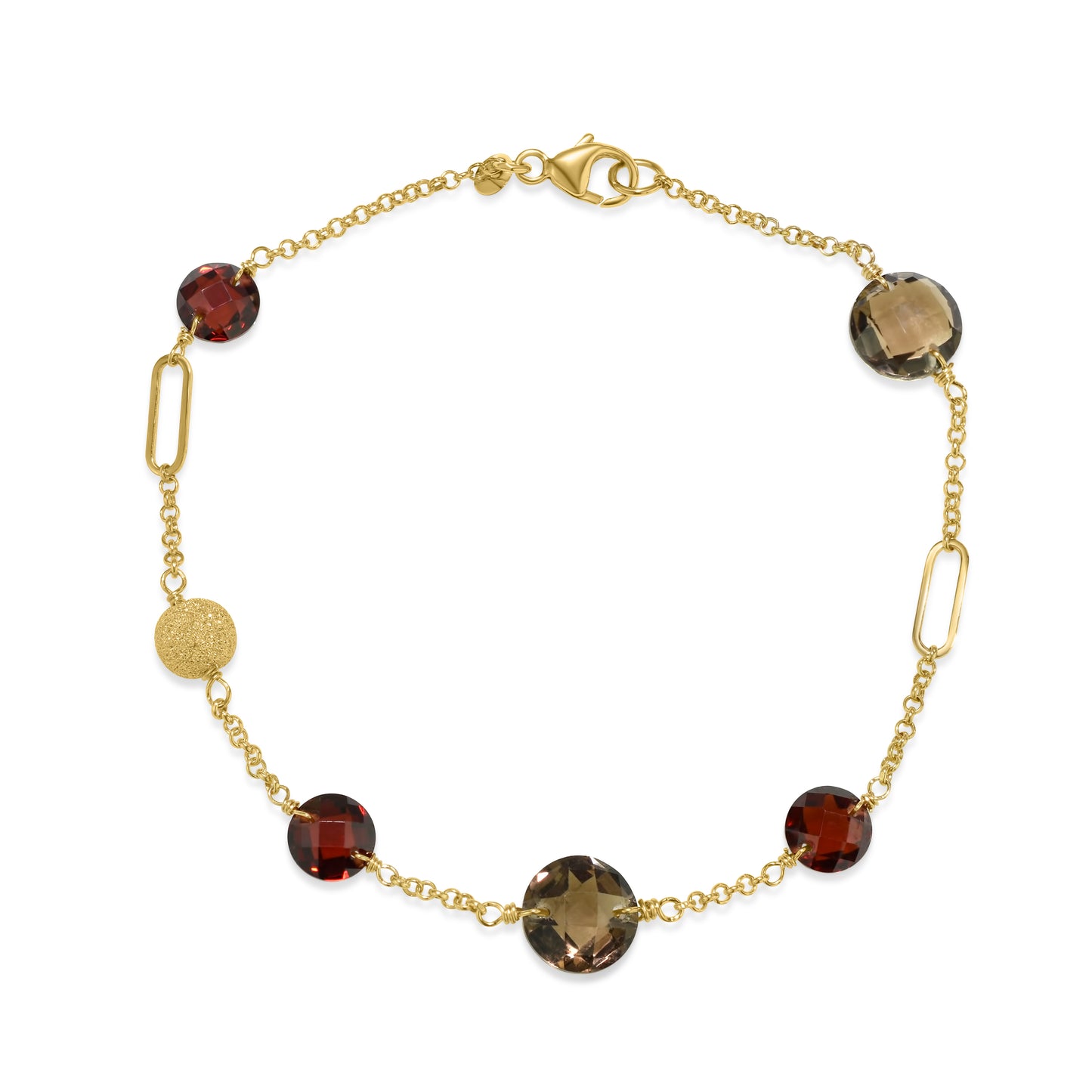 14k Gemstone Coin Fancy Chain Bracelet 7.25" Garnet Smoky