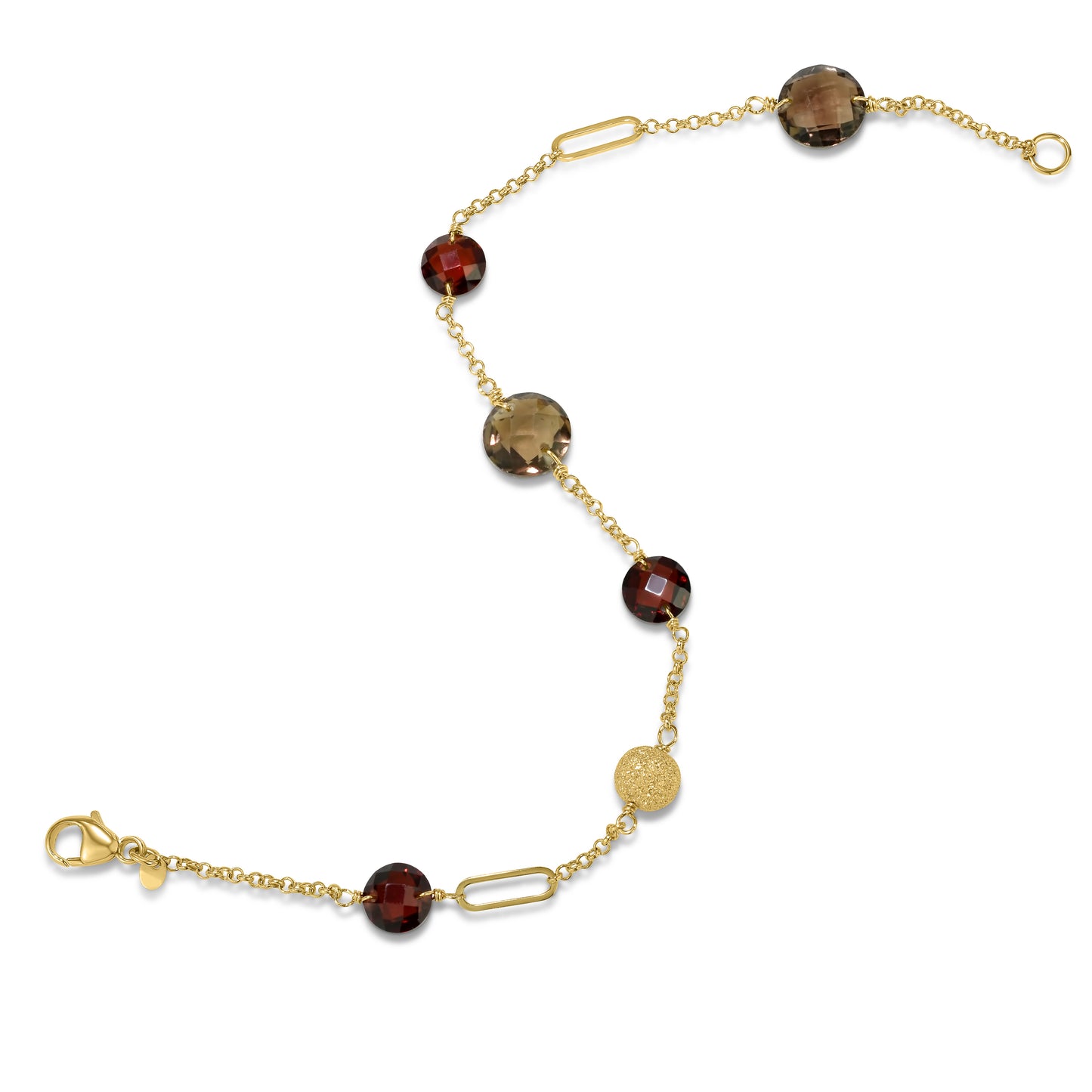 14k Gemstone Coin Fancy Chain Bracelet 7.25" Garnet Smoky